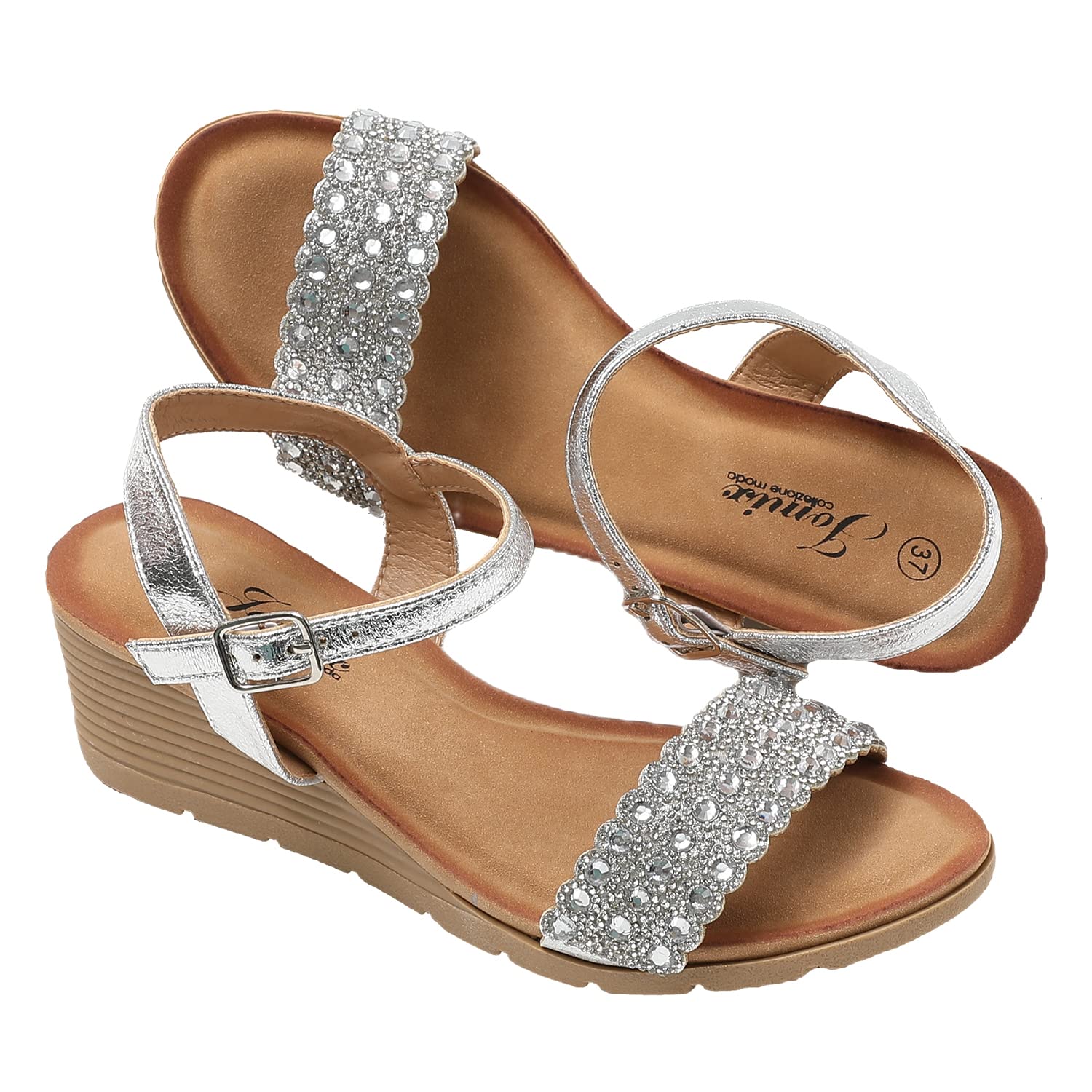 JOMIX Sandali Donna Estive Tacco Zeppa Eleganti Comodi Decorato con Strass