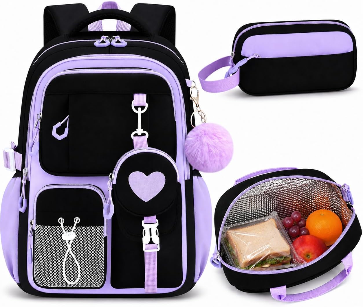 School Backpack for Kids,Girls 3PCS with Lunch Bag & Pencil Case Students Shouldets School Bookbag for Teen Girl Elementary Primary Middle High School College