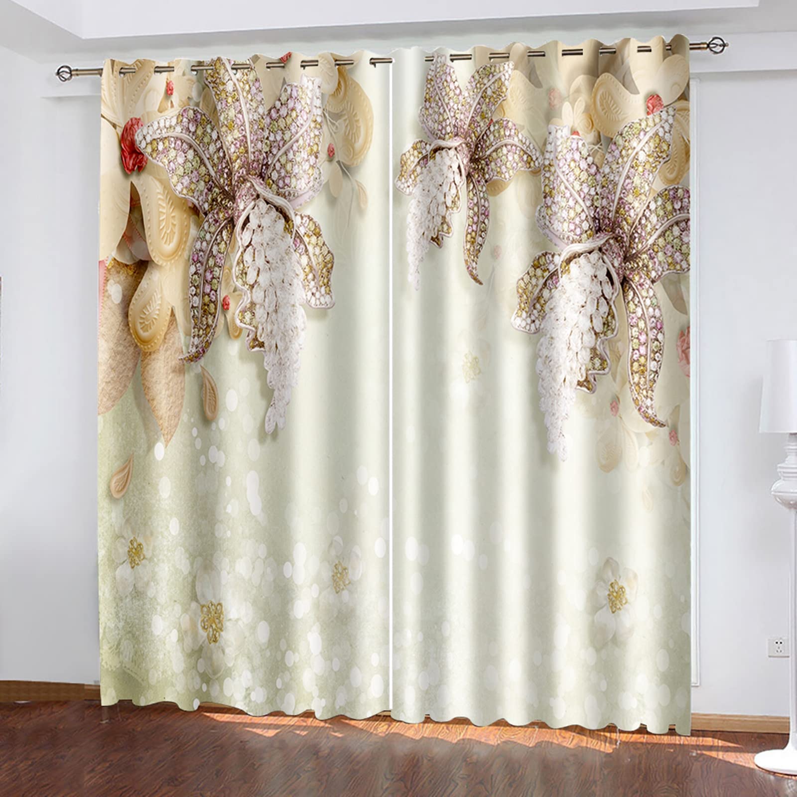 Aeici Cortinas Habitacion Juvenil, Tela Cortina Lirio con Circón Beis Amarillo para Dormitorio Sala de Estar, 264x160CM