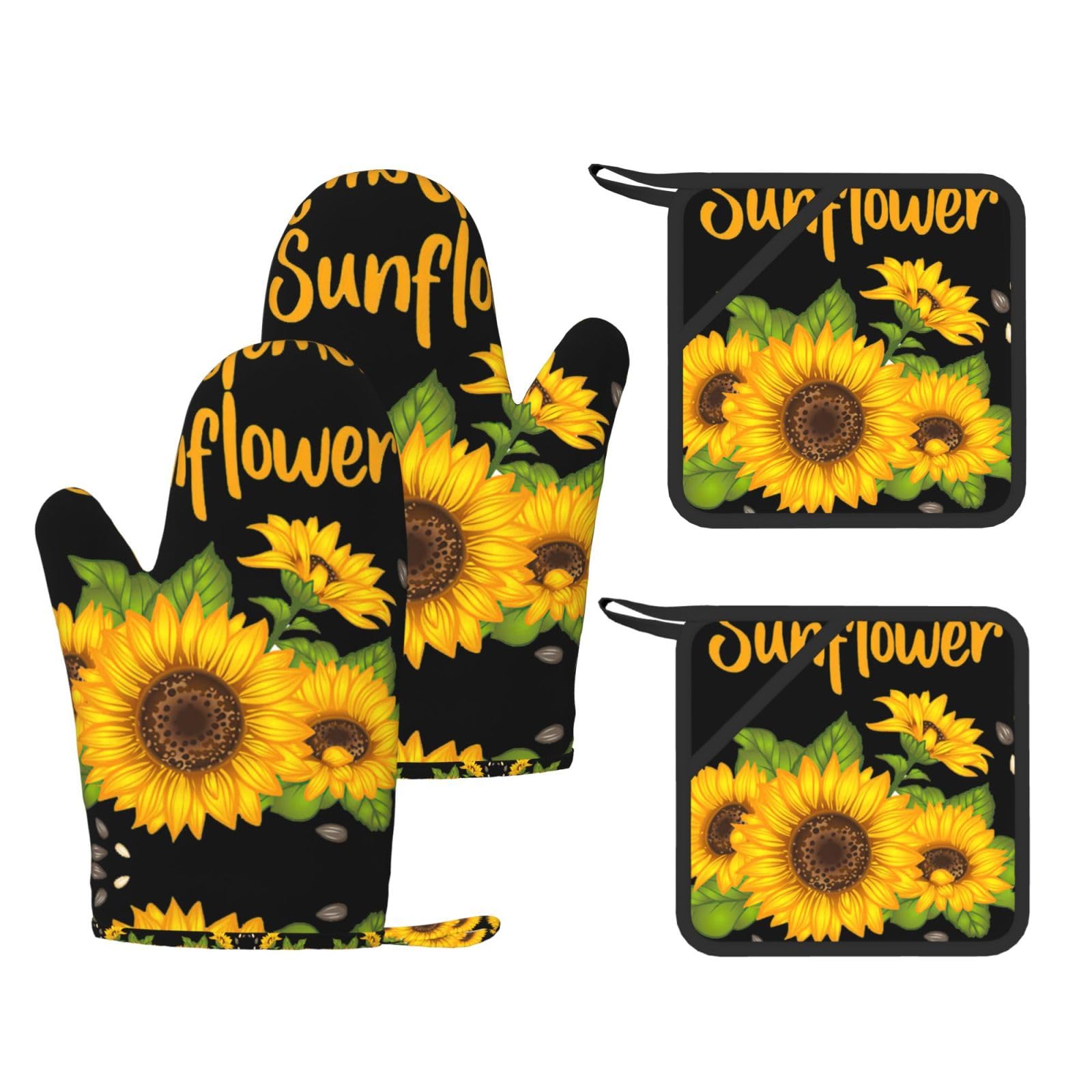 Eeprty Black Sunflower Printed Kitchen Oven Gloves And Potholder 4 Pcs, Non-Slip Heat Resistant Mitts For Baking Chef