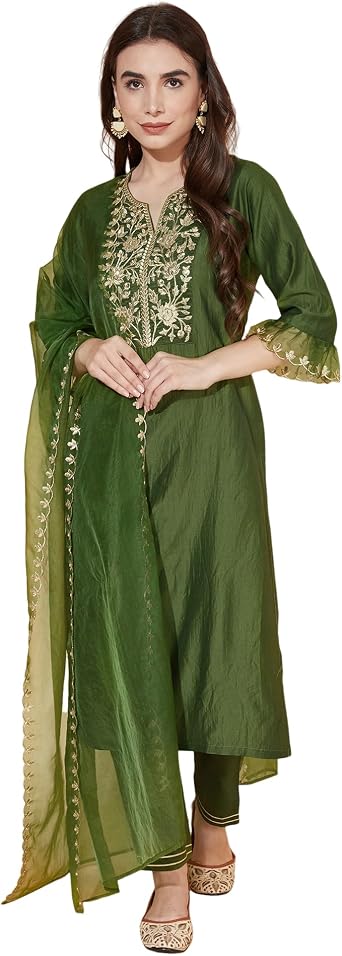 SIRIL Womens Embroidery Chinnon Silk Straight Kurta Set with Dupatta