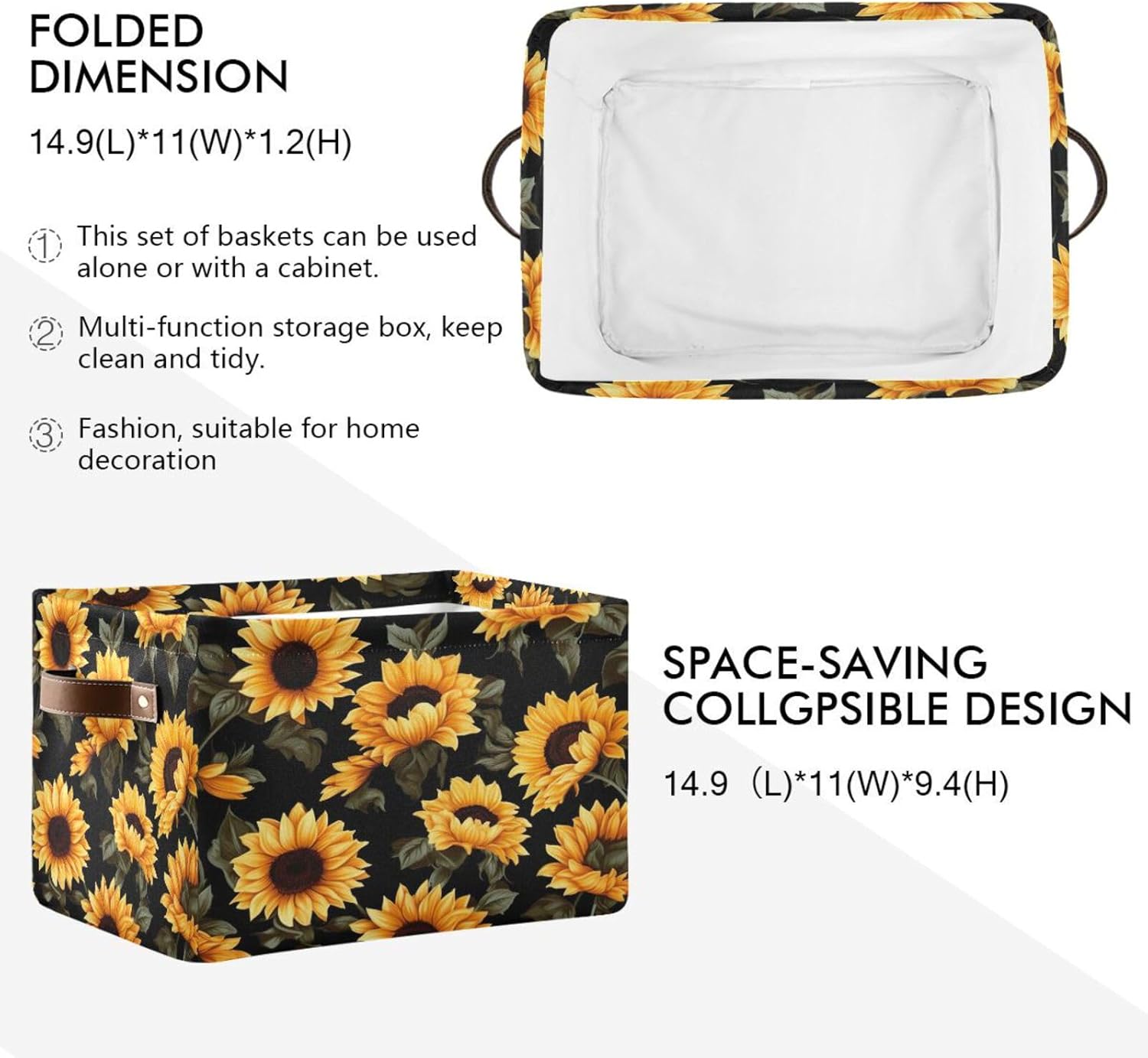 STAYTOP Large Storage Basket Collapsible Storage Bins Waterproof Laundry Basket with Handle.Used for Home Closets, Offices, Bedrooms-Beautiful Sunflower (2Pcs)