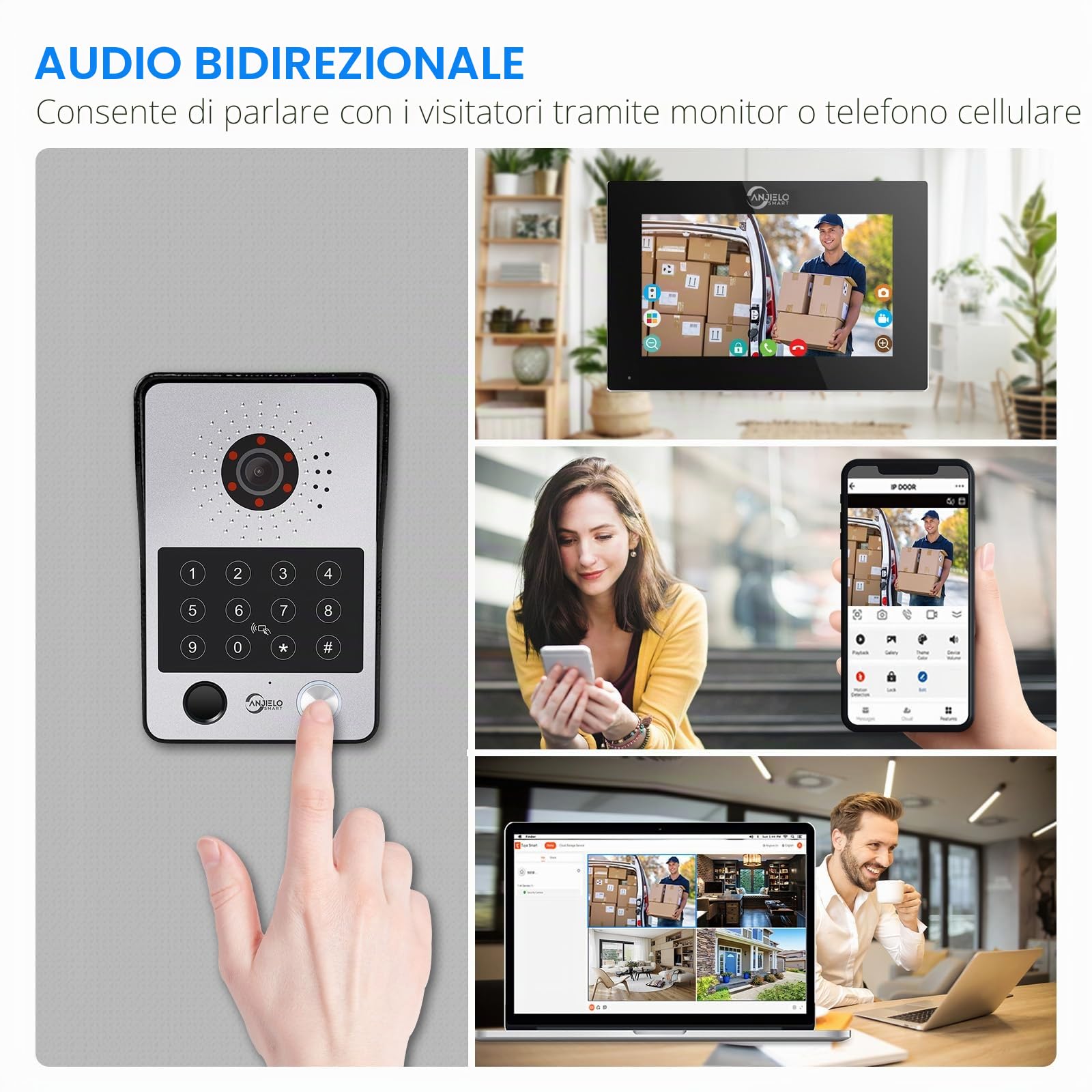 ANJIELO SMART Videocitofono con citofono (cablato), videocamera 1080p con monitor touch da 7", supporta impronte digitali, scheda IC, sblocco password (bianco)