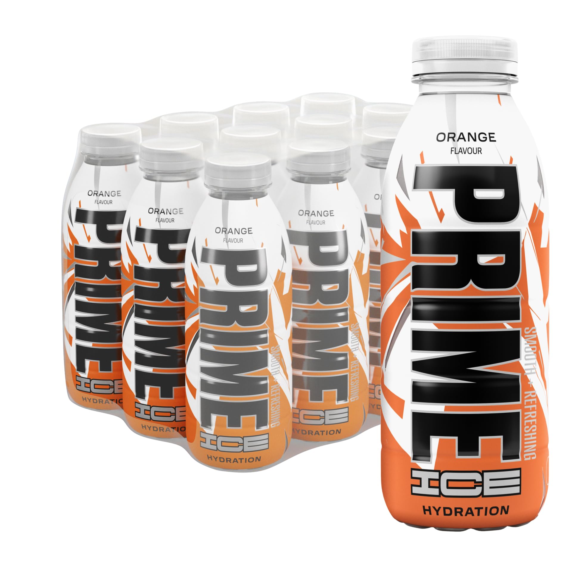 PRIME Hydration Ice Orange, bebidas deportivas, con electrolitos mejorados para una hidratación óptima, 250 mg de BCAA, vitamina B, antioxidantes, bajo contenido en azúcar, 16,9 fl oz, paquete de 12