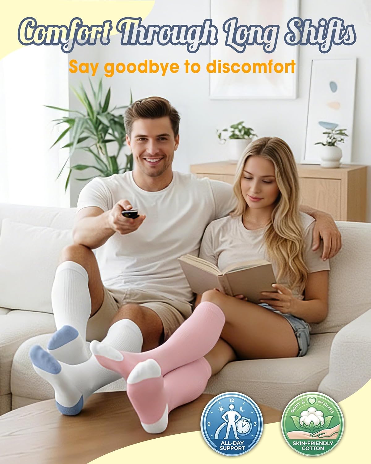 CTHH Cotton Compression Socks for Women Men 20-30mmHg Knee High Support Socks Circulation for Running, Flying, Nurses, Pregnancy (2 Pairs)