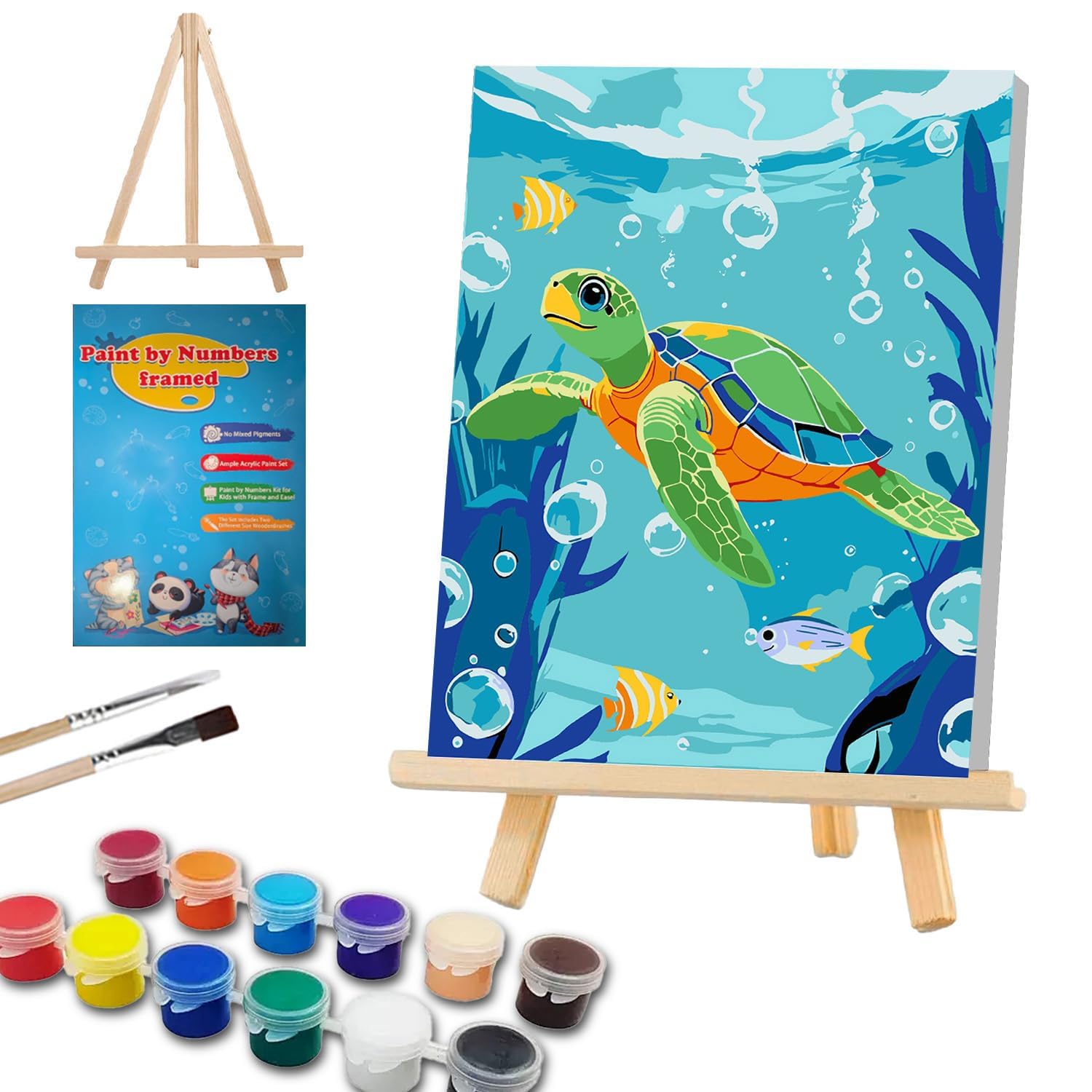 WEMEON Schildkröte Malen nach Zahlen ab 7 mit Rahmen und Staffelei 20x30cm | Tiere Malen Nach Zahlen Kinder Anfänger, Schildkröte Paint by Numbers für Mädchen und Junge mit Geschenk Box 20x30