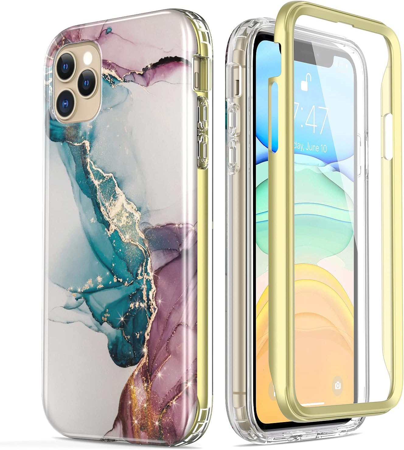 Esdot Compatible with iPhone 12 Pro Max Case with Built-in Screen Protector,with Fashionable Designs for Women Girls,Protective Phone Case for Apple iPhone 12 Pro Max 6.7" Turquoise Pink Marble