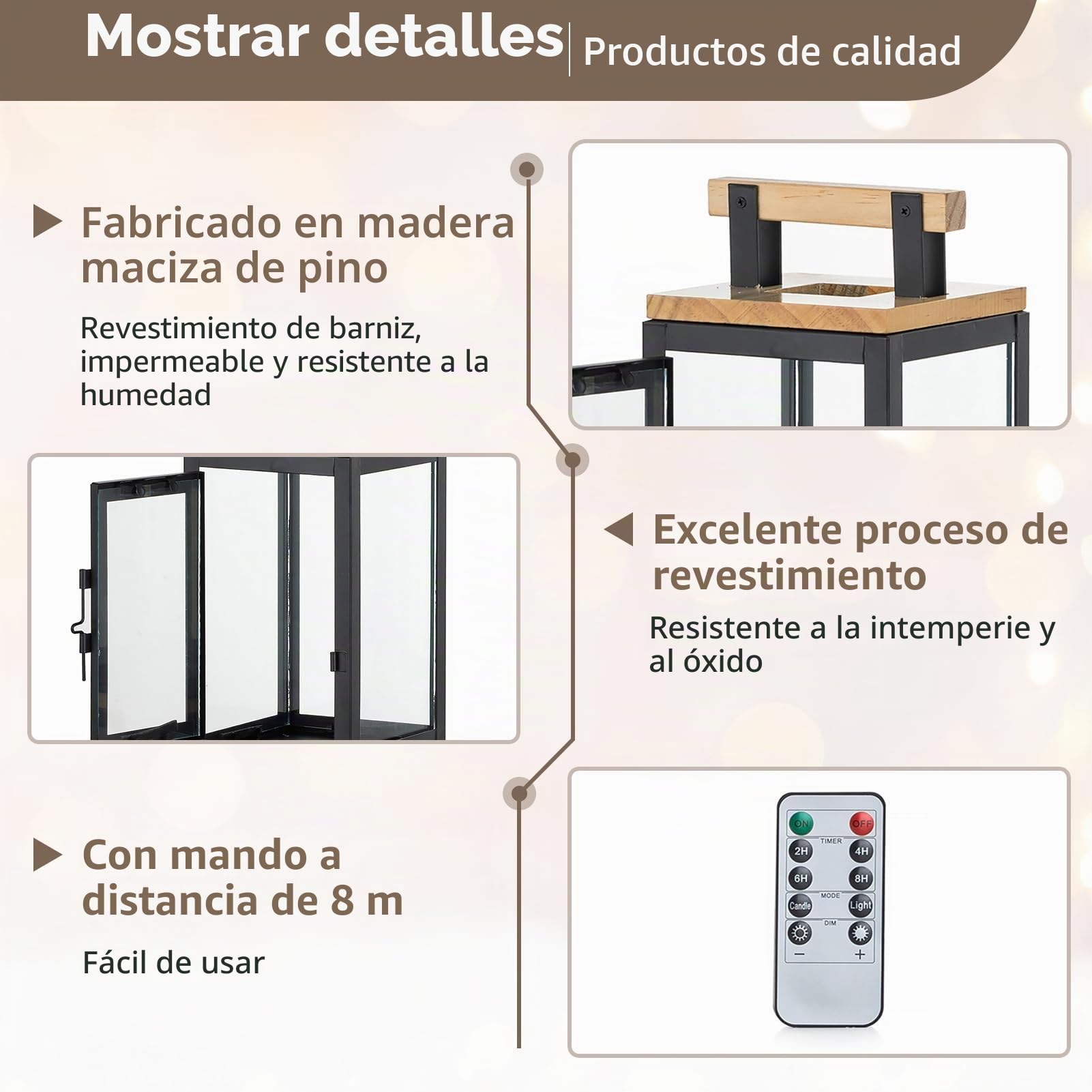 NUPTIO Juego Faroles Madera Velas: 34cm 23.5cm Alta LED Pilar Vela Decorativa Linterna Colgante Sala de Estar Al Aire Libre de Interior de Piso de Navidad Candelabros Metal Chimenea con Temporizador