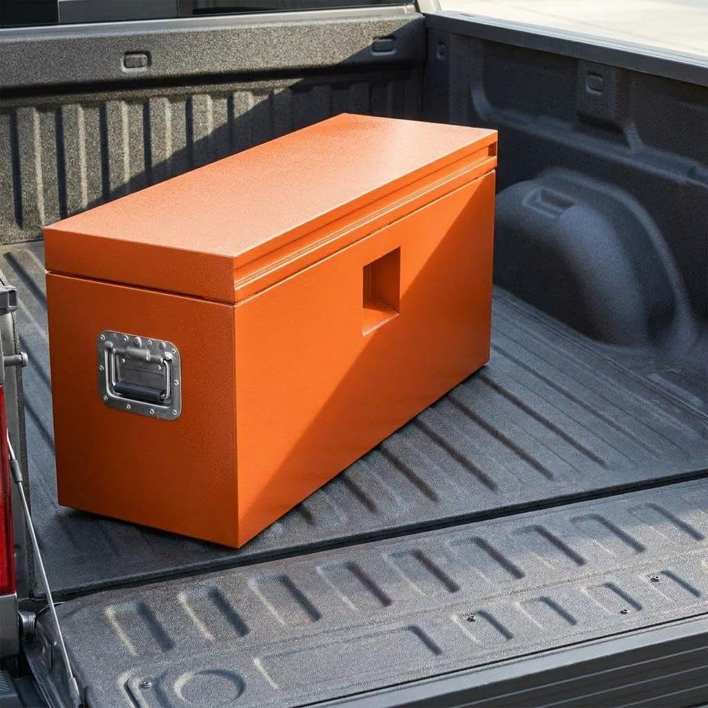 Aptliton 36 Inch Heavy Duty Steel Truck Tool Box with Gas Struts, Waterproof Rustproof Pickup Truck Bed Storage Box with Ergonomic Handles for Garage Workshop Construction Site, Orange
