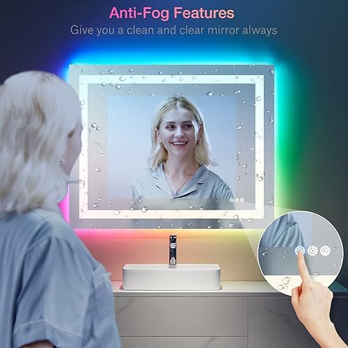 Miniatura 5 de Loaao Espejo de baño LED RGB, 40 x 30 pulgadas, luces para baño, antiniebla, regulable, múltiples modos de luz, retroiluminación RGB, luz frontal,