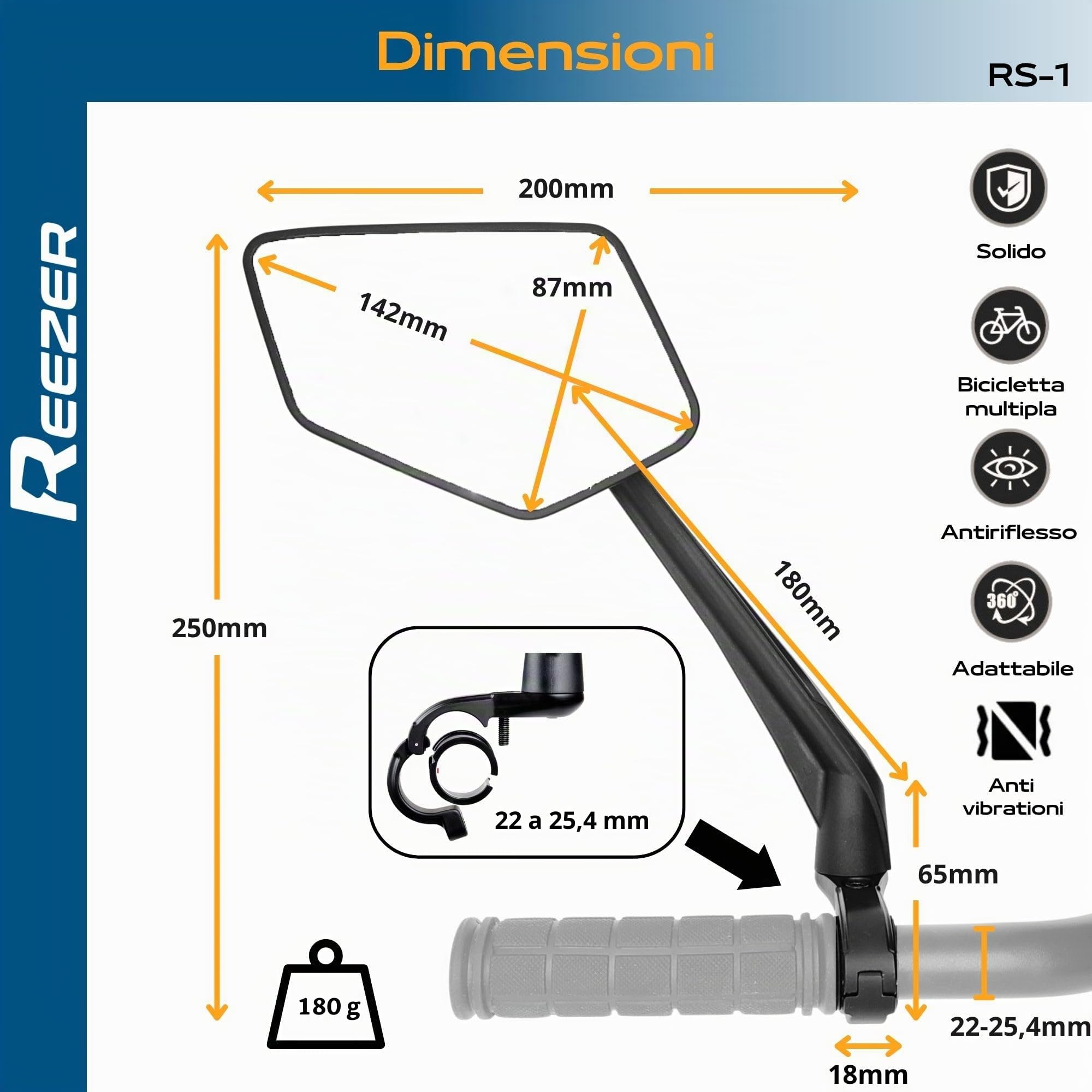 REEZER - Specchietto per bicicletta - Specchietto per bicicletta elettrica - Specchietto per monopattino elettrico - Di alta gamma, compatibile con tutti i modelli - Riflettente - 360° SINISTRA