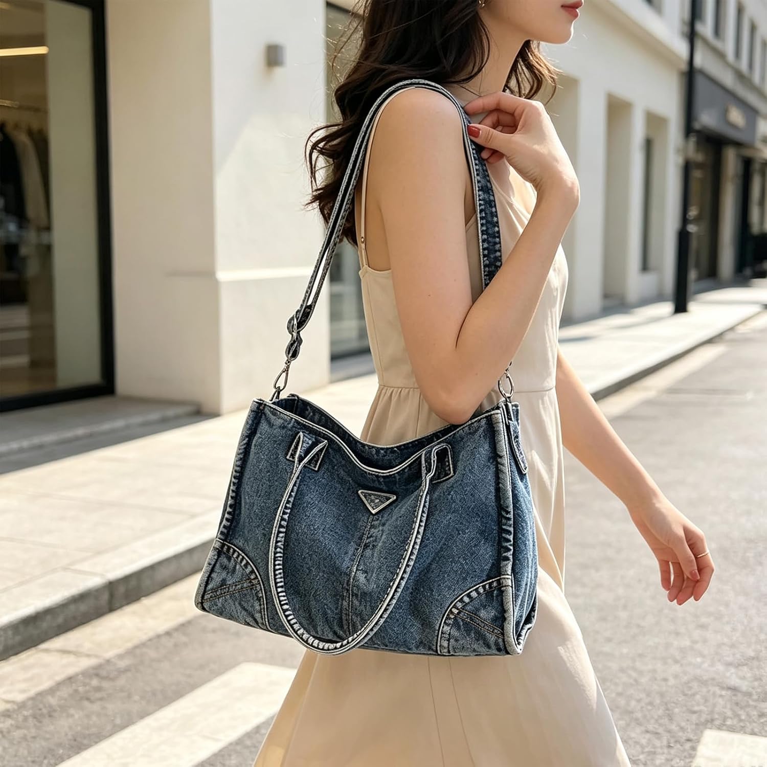 Vintage Denim Shoulder Bag for Women,Casual Tote Handbag image 2