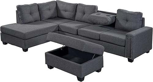 Miniatura 3 de CIATRE 109" Reversible Sectional Sofa Space Saving with Storage Ottoman Rivet Ornament L-Shape Couch for Large Space Dorm Apartment