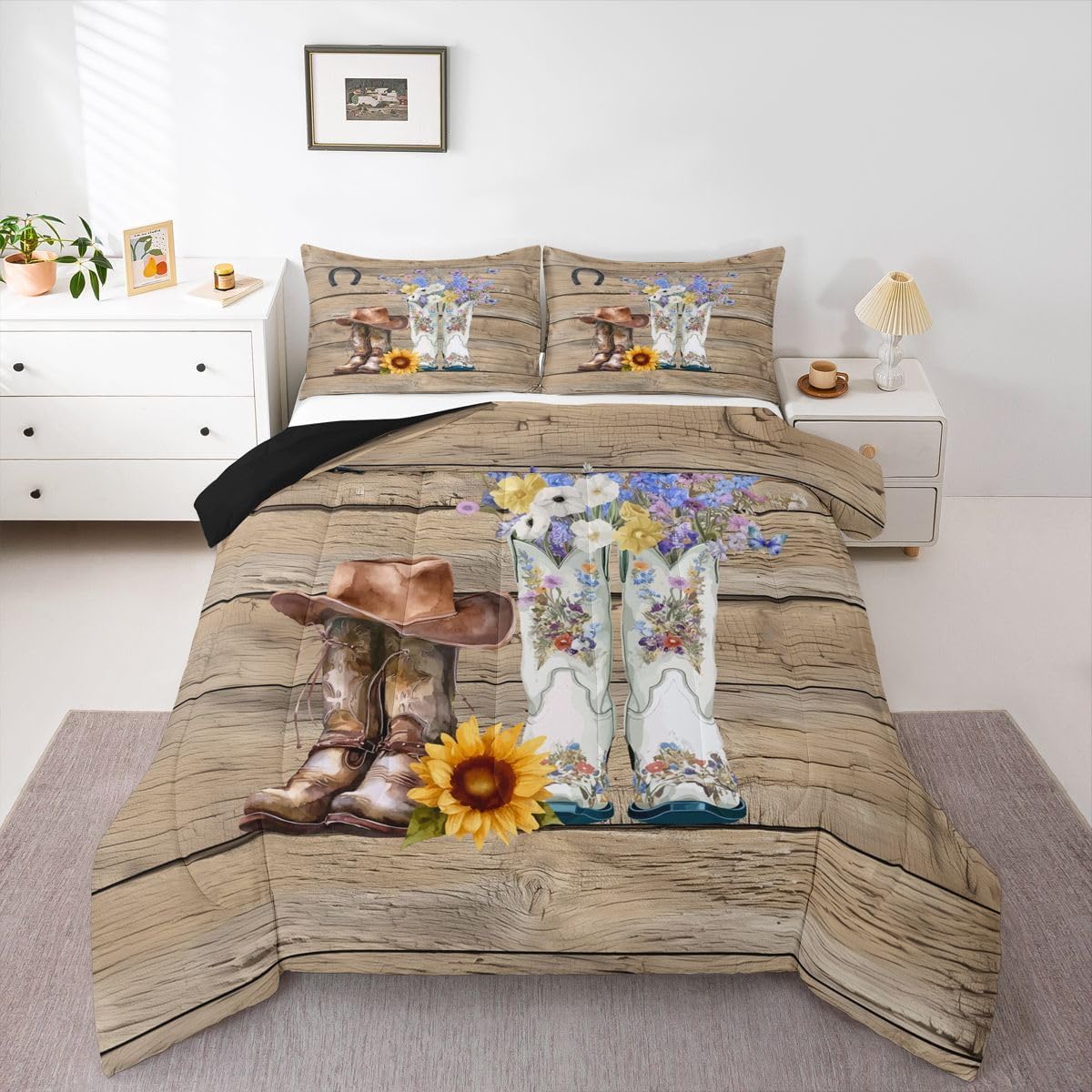 Western Couple Bedding Set For Cowboy Cowgirl Queen Rustic Farmhouse Comforter Set For Adults Men Women,Sunflowers West Cowboy Boots Hat Quilt Duvet Retro Country Horseshoe Floral Comforter 3 Pcs
