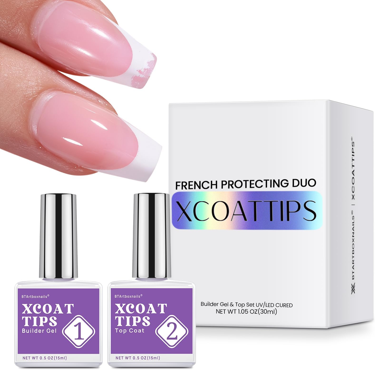 XCOATTIPS French Protecting DUO Builder Gel and Top Coat Set - Protect French Tips, No More Chipping