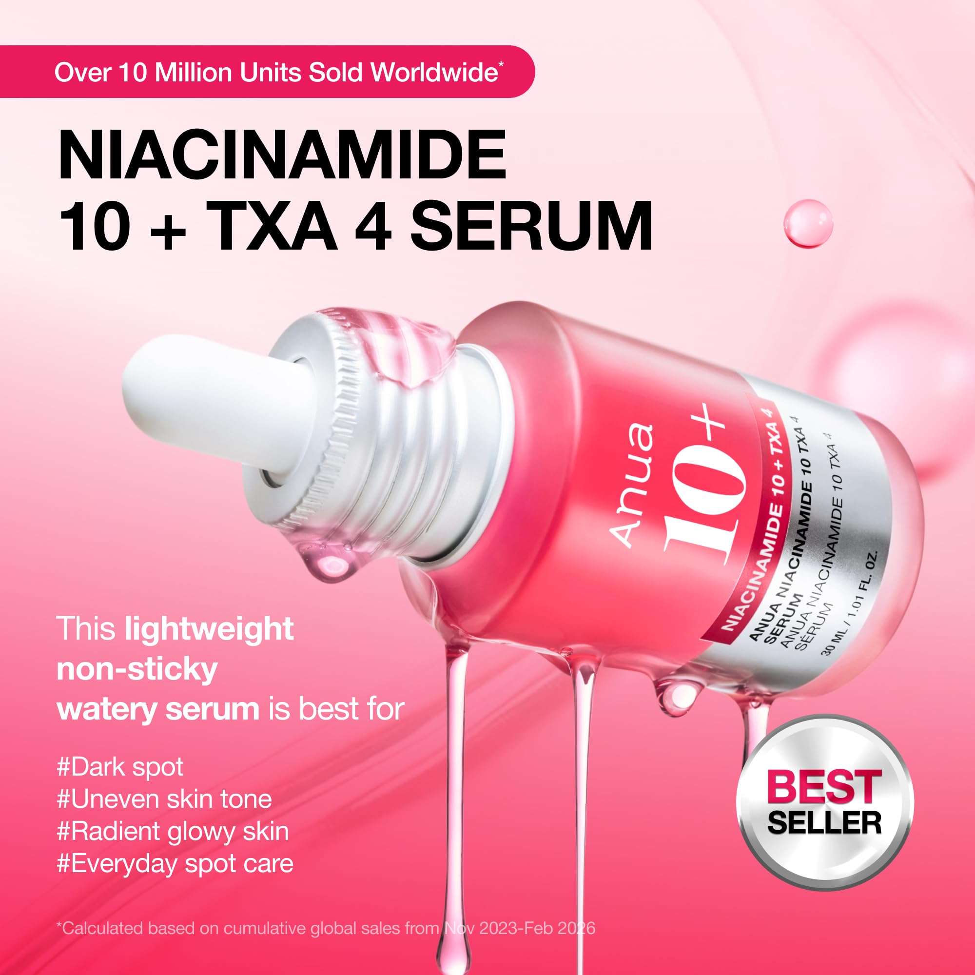 ANUA Serum zawierające 10% niacynamidu i 4% kwasu traneksamowego, ceramid, kwas hialuronowy, witaminę B12, naturalny kolor, do skóry wrażliwej, koreańska kryształowa skóra, bez zapachu, 30 ml/1,01