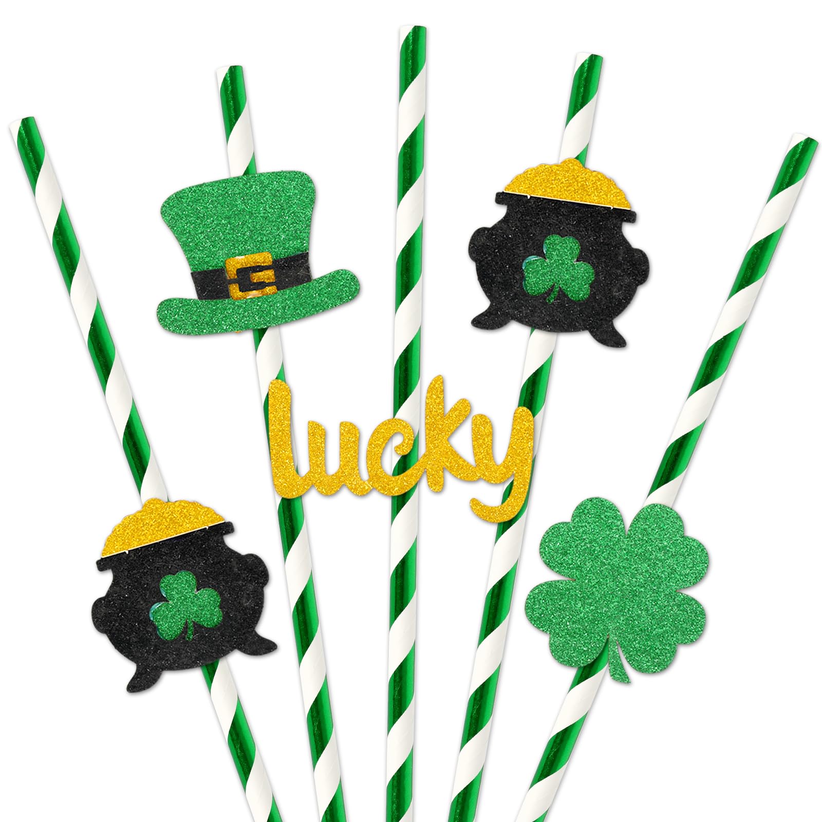 JarThenaAMCS 48Pcs St. Patrick's Day Paper Straws Foil Green Drinking Straws with Glitter Lucky Shamrock Hat Disposable Stripe Straws for Irish Holiday Beverage Cocktail Birthday Party Supplies