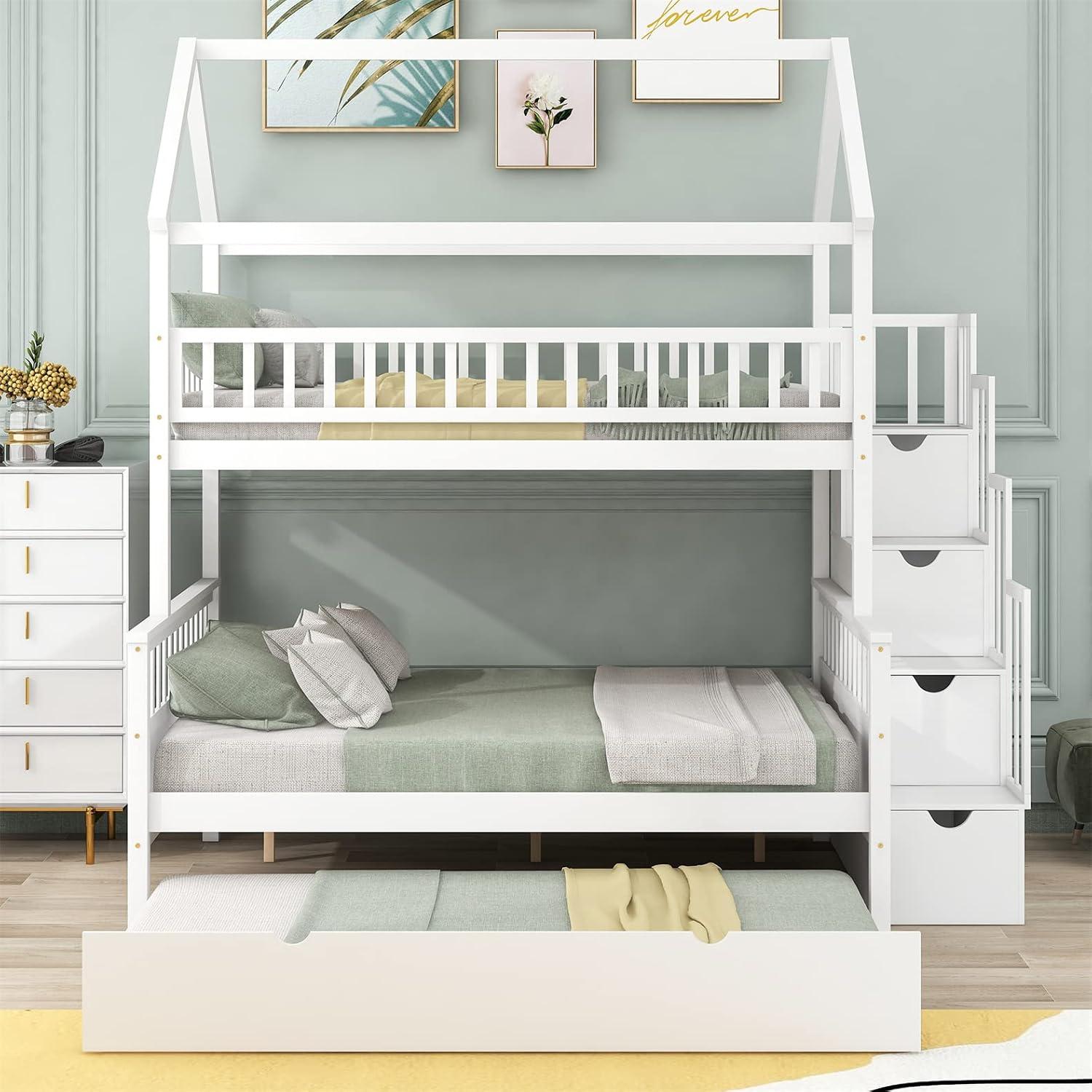 Twin Over Full House Bunk Beds with Trundle and Stairs Wood Bunk Bed Frame with Storage Shelves Wooden Playhouse Bunked Bed for Kids Girls Boys Teens, White