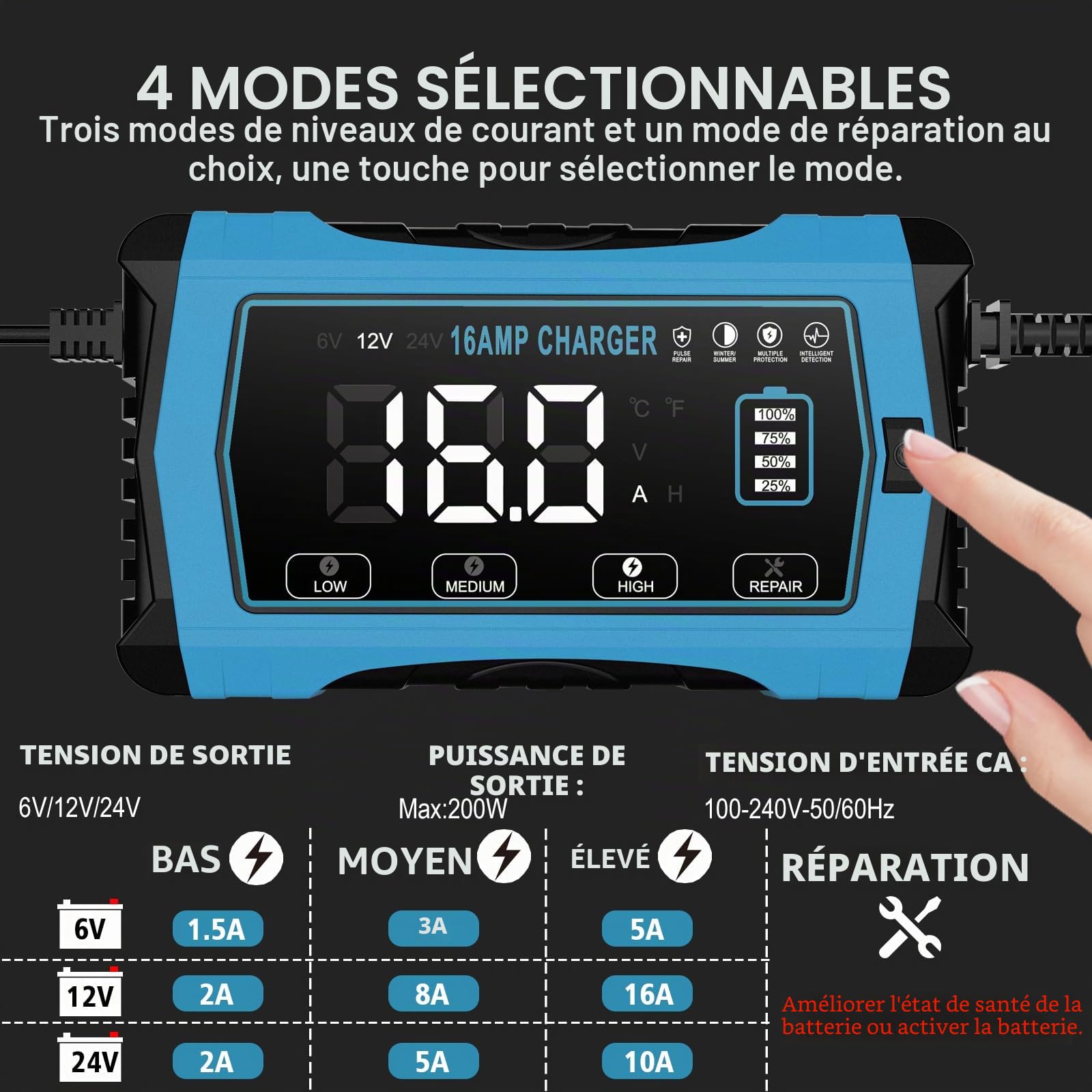 Haisito Chargeur de voiture 16 A, 12 V, 16 A, 24 V, 10 A, batterie au lithium LiFePO4, chargeur au plomb acide (AGM, SLA etc.) avec fonction de charge à 10 niveaux, écran LCD pour voiture
