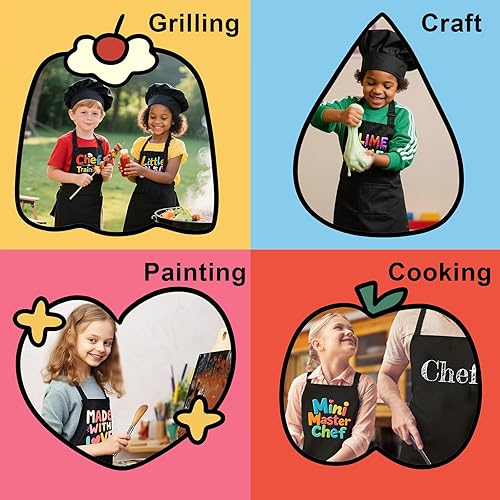Miniatura 7 de Juego de delantal de chef para niños, delantal de cocina ajustable con 2 bolsillos, negro, para niños y niñas de 3 a 8 años