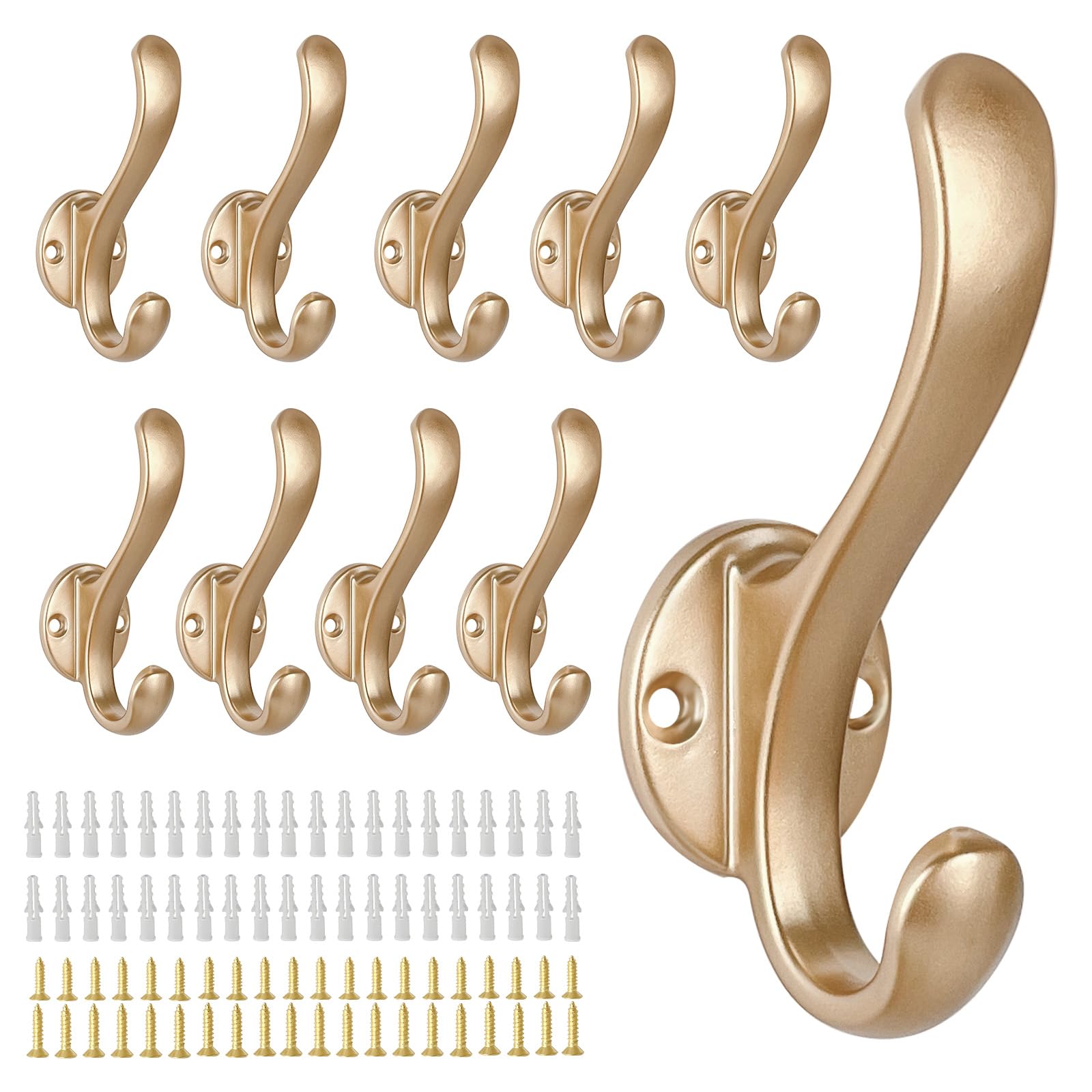 Confezione da 10 ganci appendiabiti da parete, resistenti, stile retrò, doppi ganci per appendere cappotti, cappelli, asciugamani, chiavi, accappatoi, sciarpe, borse, cappelli (oro)