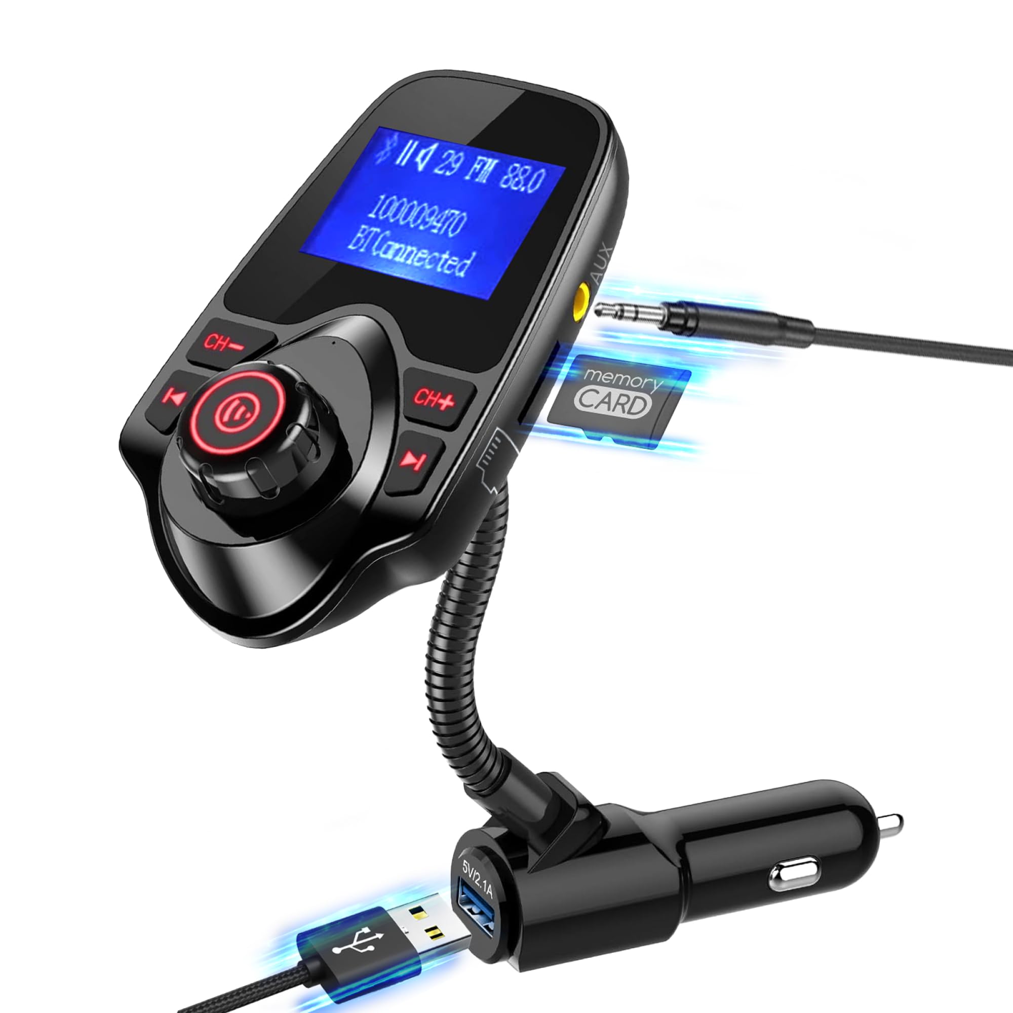 ONN Upgraded 2025 Auto Bluetooth FM Transmitter - 1,44 Zoll Display, Flexibler Schwanenhals, Freisprecheinrichtung, Wireless Music Player, Radio Adapter, USB Ladegerät, Micro SD Karte & AUX