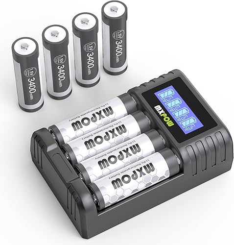 Miniatura 2 de MXPOW Baterías recargables AA de litio 1.5 V 3400 mWh, baterías recargables de litio AA, 4 unidades, 1500 ciclos con cargador inteligente