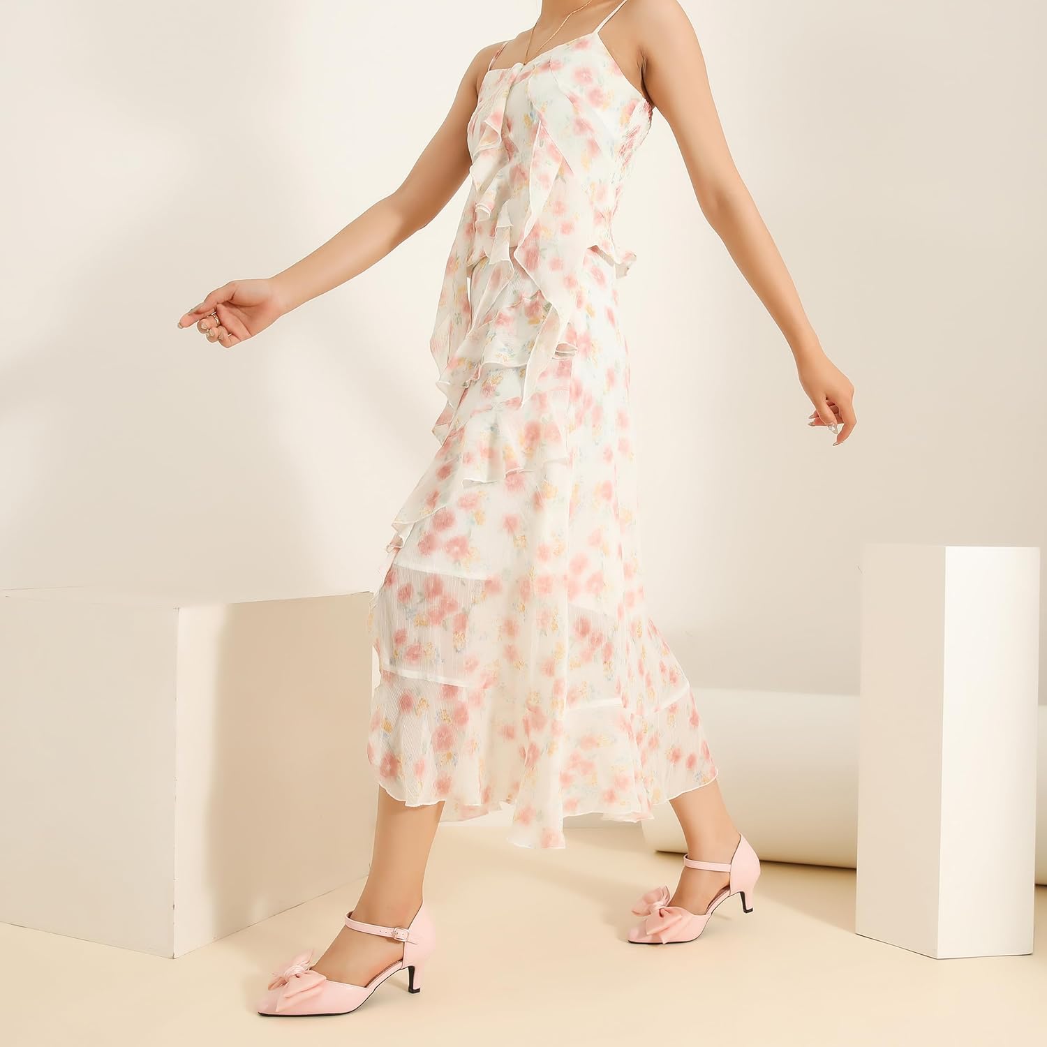 MAIERNISI JESSI Women's Kitten Heel Pumps with Bow, Ankle Strap, Pointed Toe, D'Orsay Style