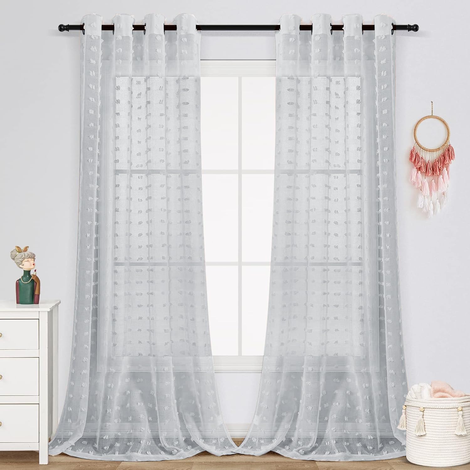 House of Quirk Pom Pom Grommet Sheer Curtains 7 Feet 2 Panels for Living Dining Room Textured Curtain for Bedroom Light Filtering Semi Sheer Voile Boho Curtain Panels Pack of 2 (Grey, 84 Inch)