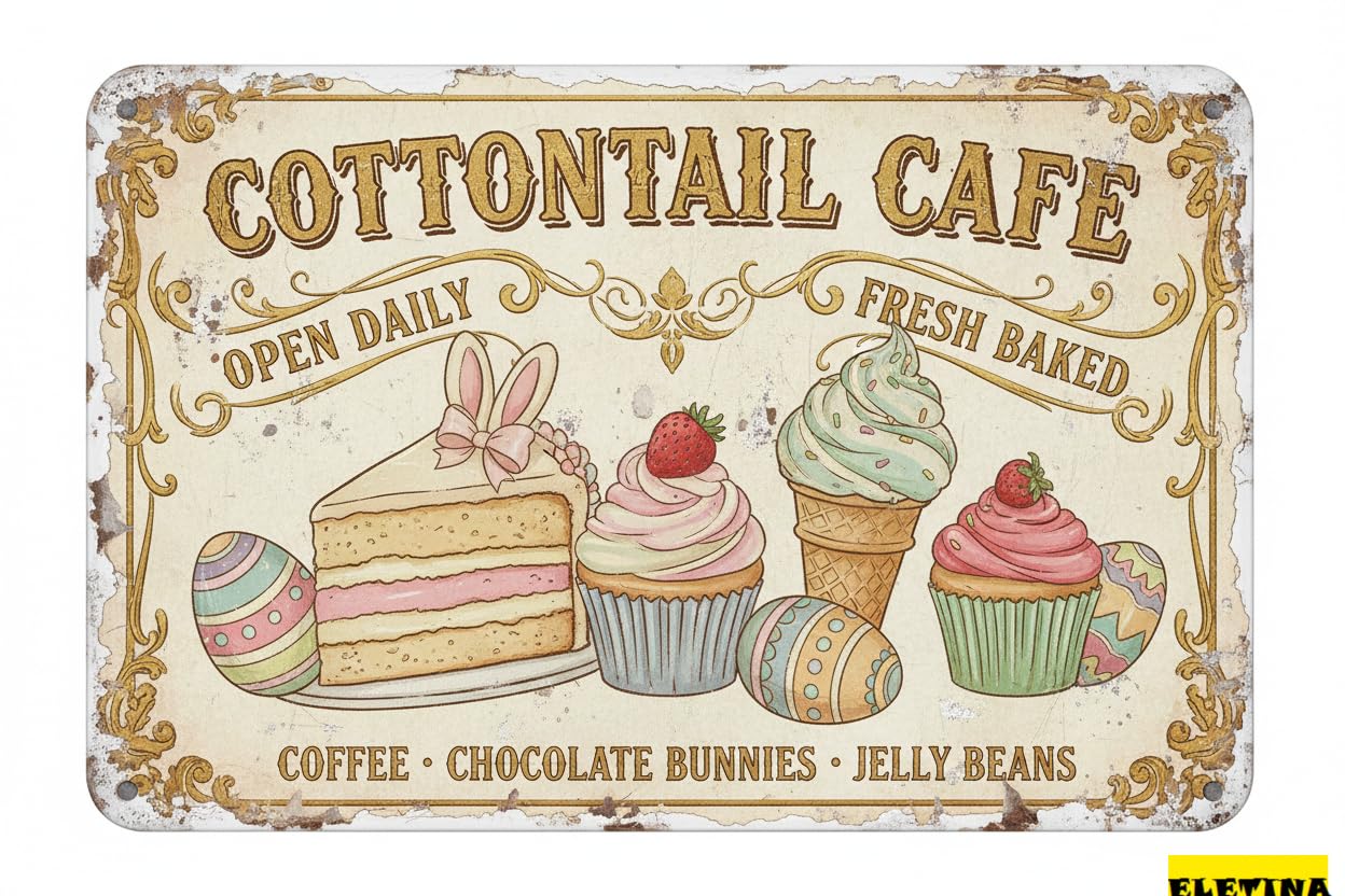 Cottontail Cafe Easter Tin Sign, 8x12 Inch Decor