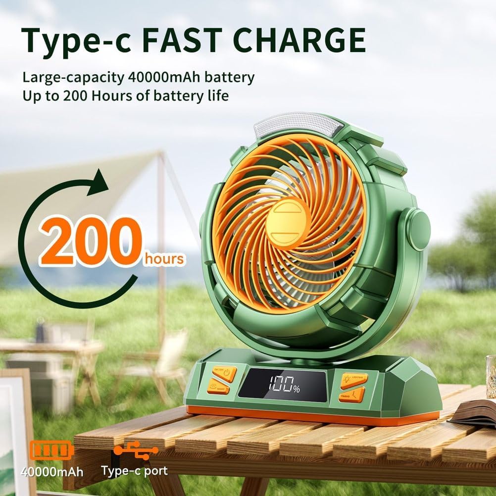 20000mAh Rechargeable Battery Powered Outdoor Tent Fan with Light and Hook, 6 Speed, Personal USB Desk Fan for Camping, Fishing, Power Outage,Hurricane