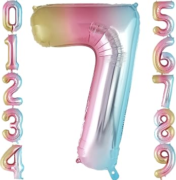 Rainbow Gradient Number 7 Balloon, 40 Inch Big Large Foil Number Balloons, Giant Mylar Number 7 Balloons for 7 Year Old Birthday Party Decorations Supplies Anniversary Celebration