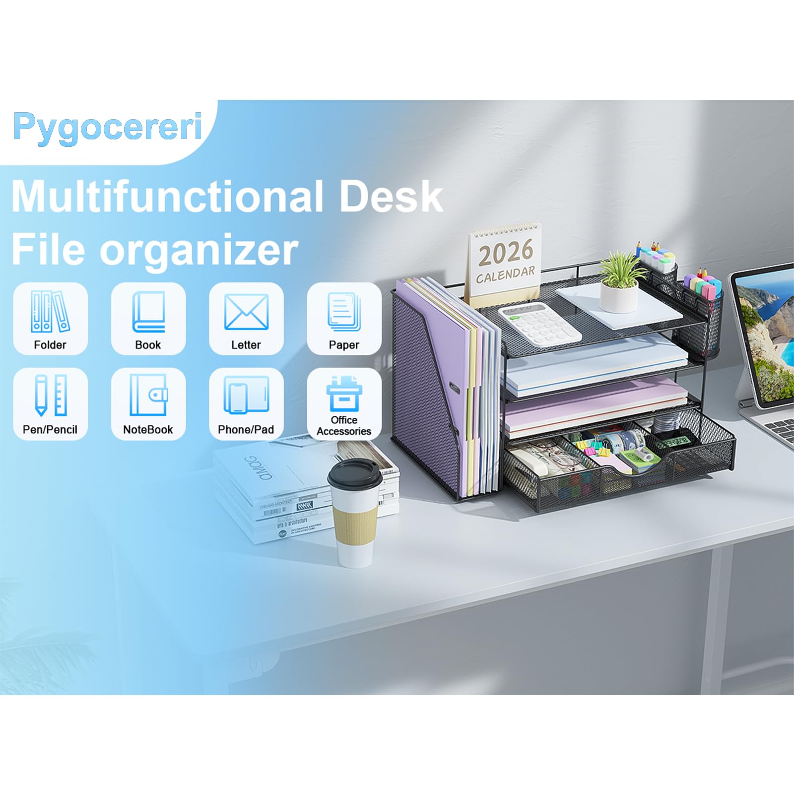 Schreibtisch Organizer mit Aktenhalter, 4 Ebenen Büro Organizer mit Schublade und 2 Stifthaltern, Mesh Papierablage mit Zeitschriftenhalter, Schreibtisch Ablage für Bürobedarf (Schwarz)