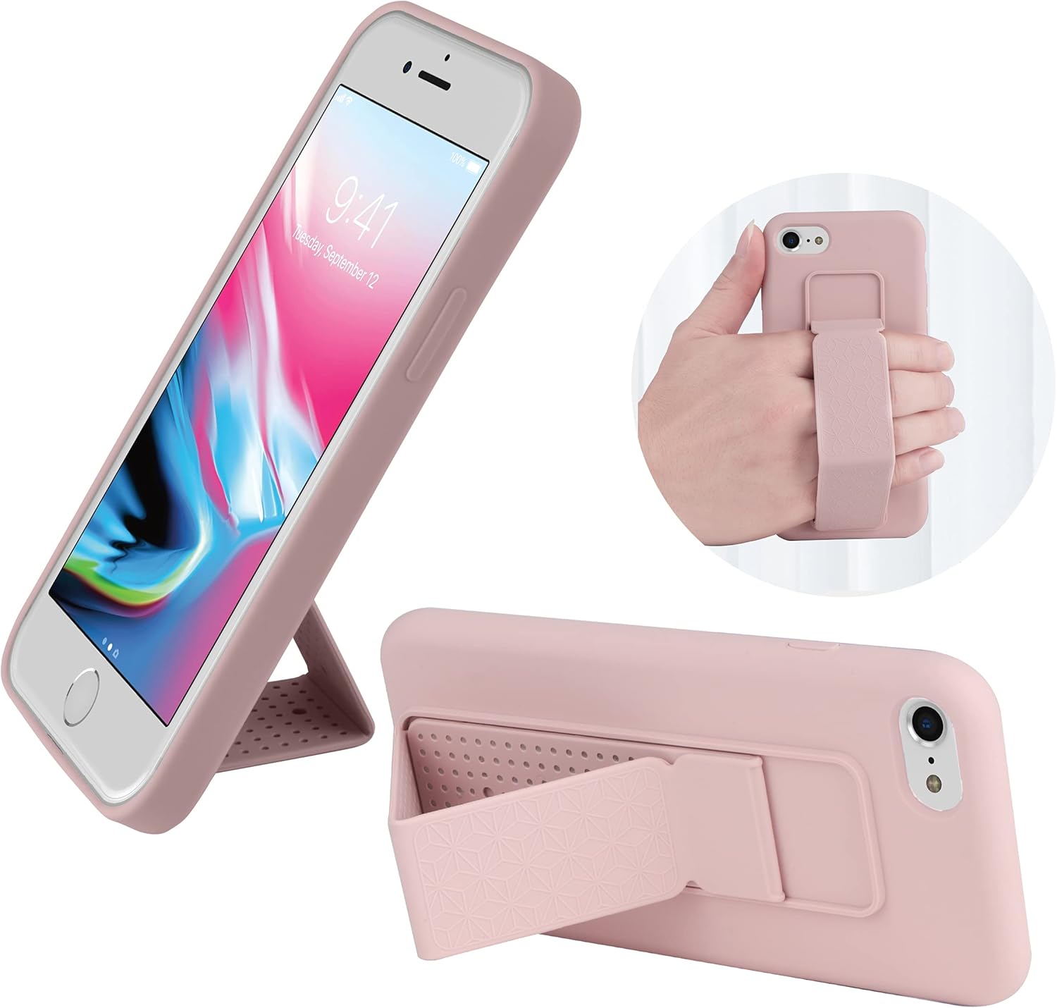 LAUDTEC Silicone Kickstand Case Compatible with iPhone 7/8/SE, Vertical and Horizontal Stand Hand Strap Metal Kickstand Cover, Flexible Soft Liquid Silicone Stand Case for iPhone 7/8/SE (Pink) - Image 7