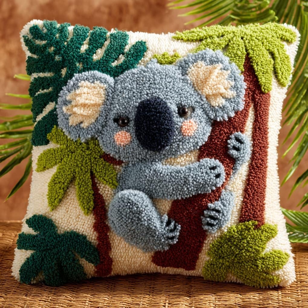 WallustrioaW Latch Hook Pillow Case Kits,Tropical Koala,Embroidery Kits DIY Latch Hook for Aadults Cross Stitch Cushion,17x17in
