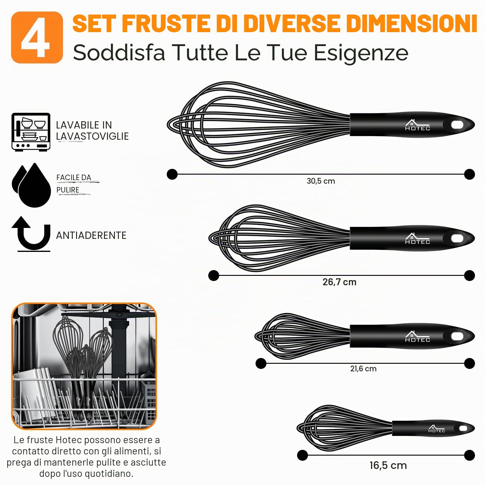 HOTEC Set di 4 fruste in silicone per cucinare fruste a palloncino per cucinare fruste per uova, con manico antiscivolo per pentole antiaderenti, perfette per cucinare, mescolare, sbattere e mescolare