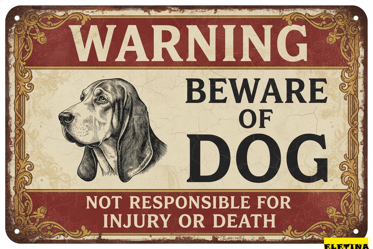 Beware Basset Dog Fence Tin Sign, 8x12 Inch Yard