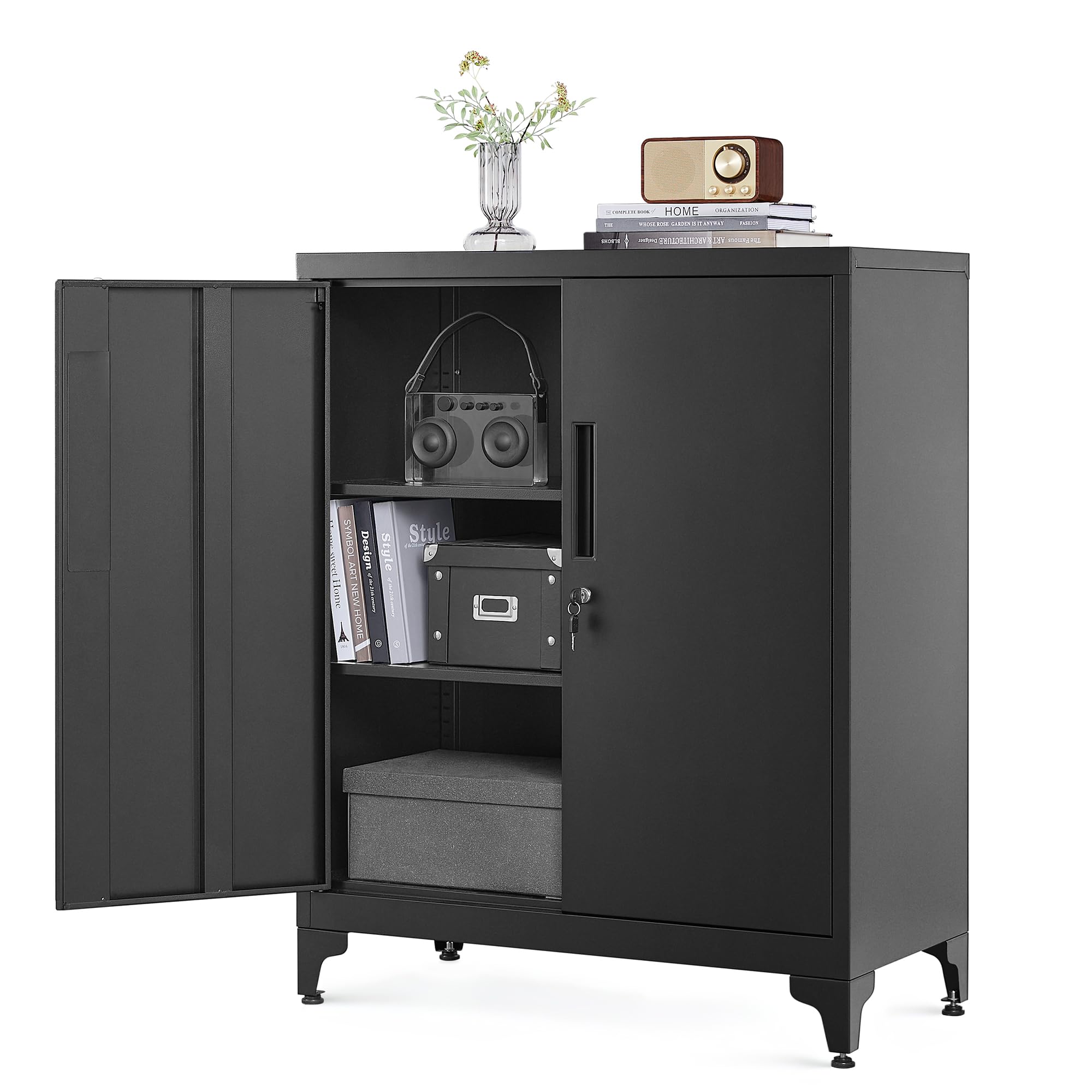 SONGMICS File cabinet, Multipurpose Garage Cabinet, Office Cabinet with 2 Doors, Lockable Cabinet, Steel Storage Cabinet, Deep Storage with Shelves, for Study, Living Room, Black OMC013B01
