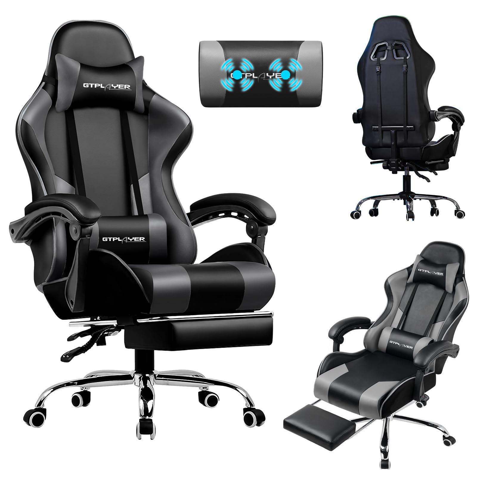 LUCKRACER Ergonomic Massage Gaming Chair | Footrest and Retractable Headrest | Support 150kg | Office and Home | Grey