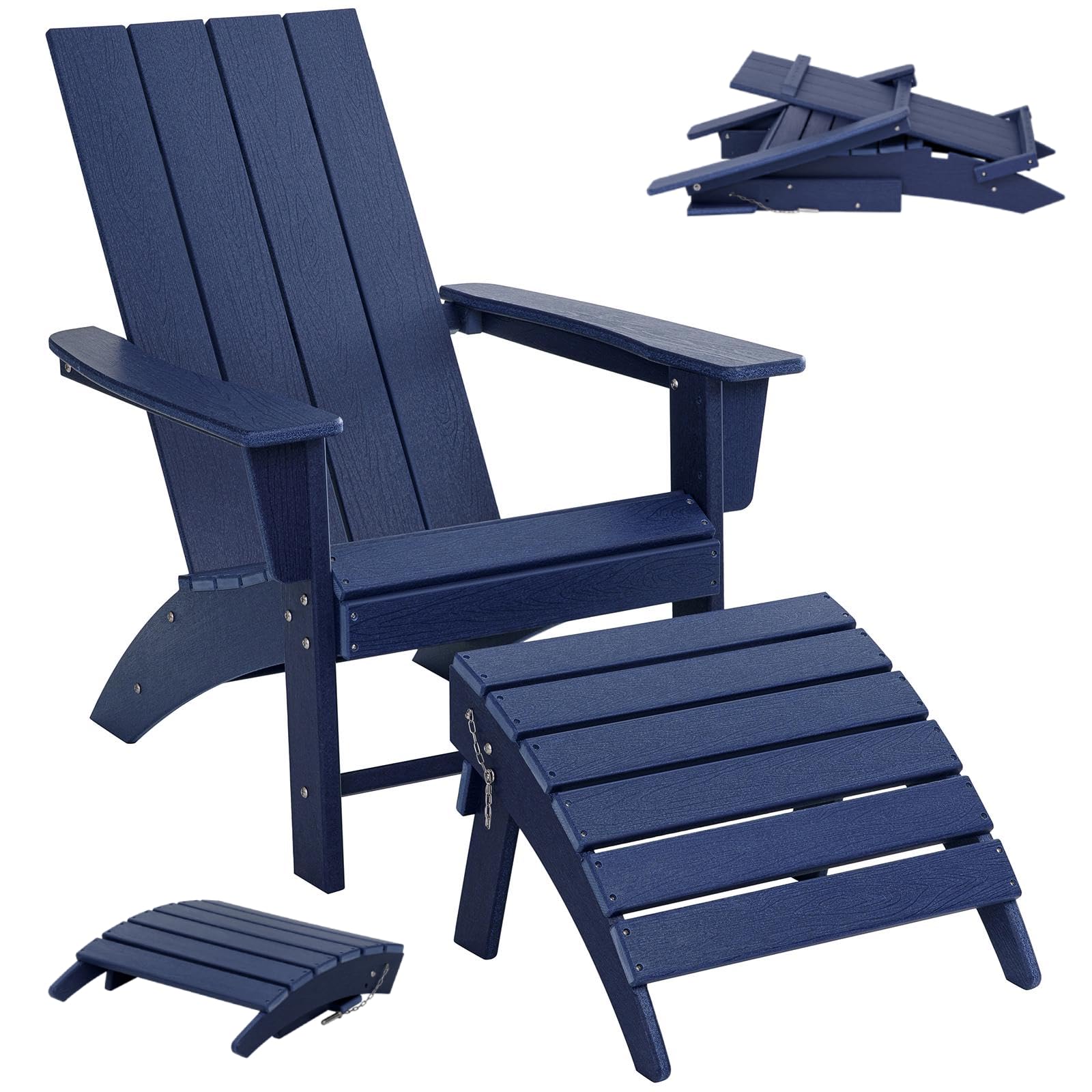 Folding Adirondack Chair with Ottoman Weather Resistant Foldable Fire Pit Chairs with Footrest HDPE Outdoor Adirondack Chair for Patio Front Porch Pool Garden Deck Fire Pit Outside, Navy Blue