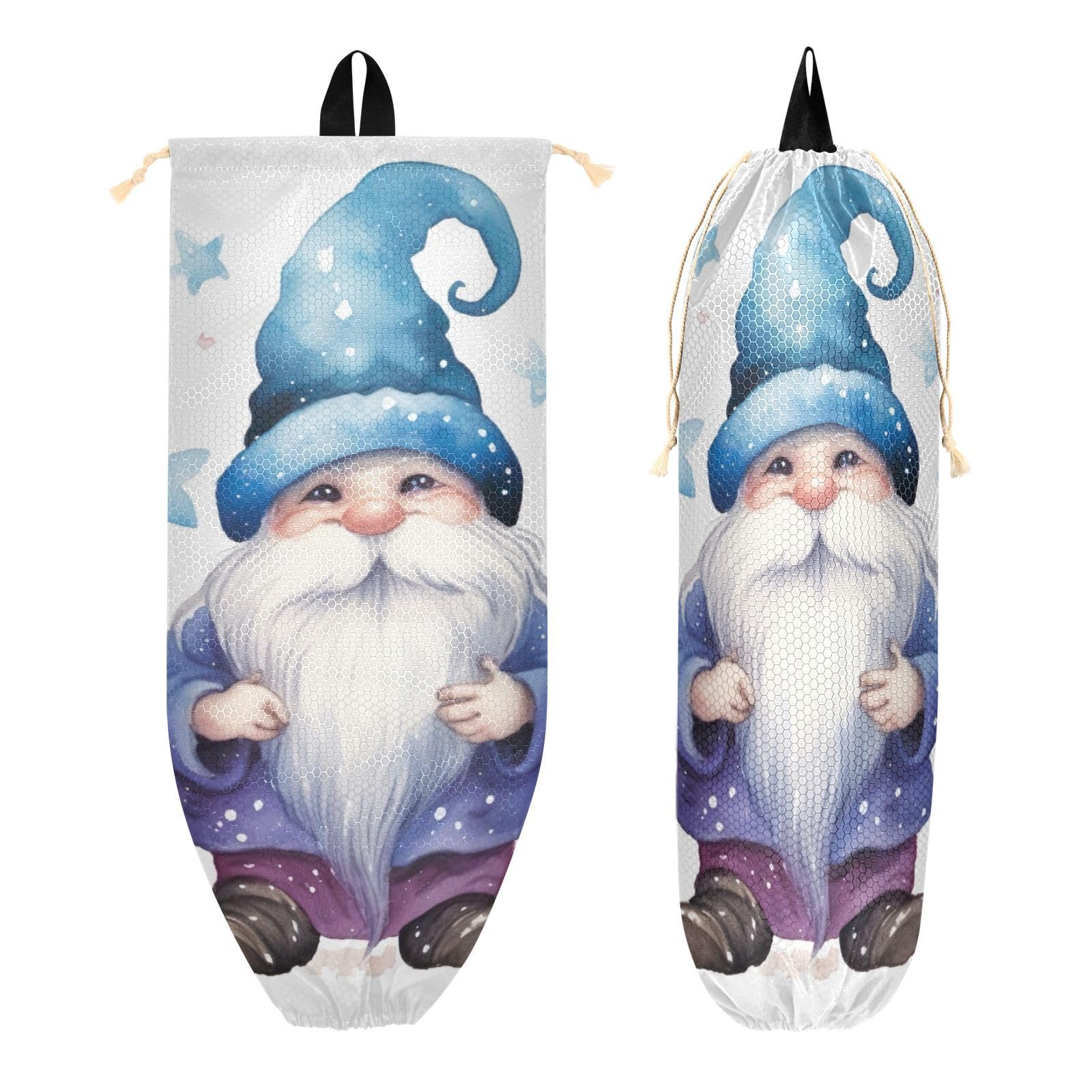 Jihqo 2PCS Plastic Bag Holder Cute Gnomes Wall Mount Grocery Bags Hanging Storage Bag Drawstring Organizer for Home Kitchen