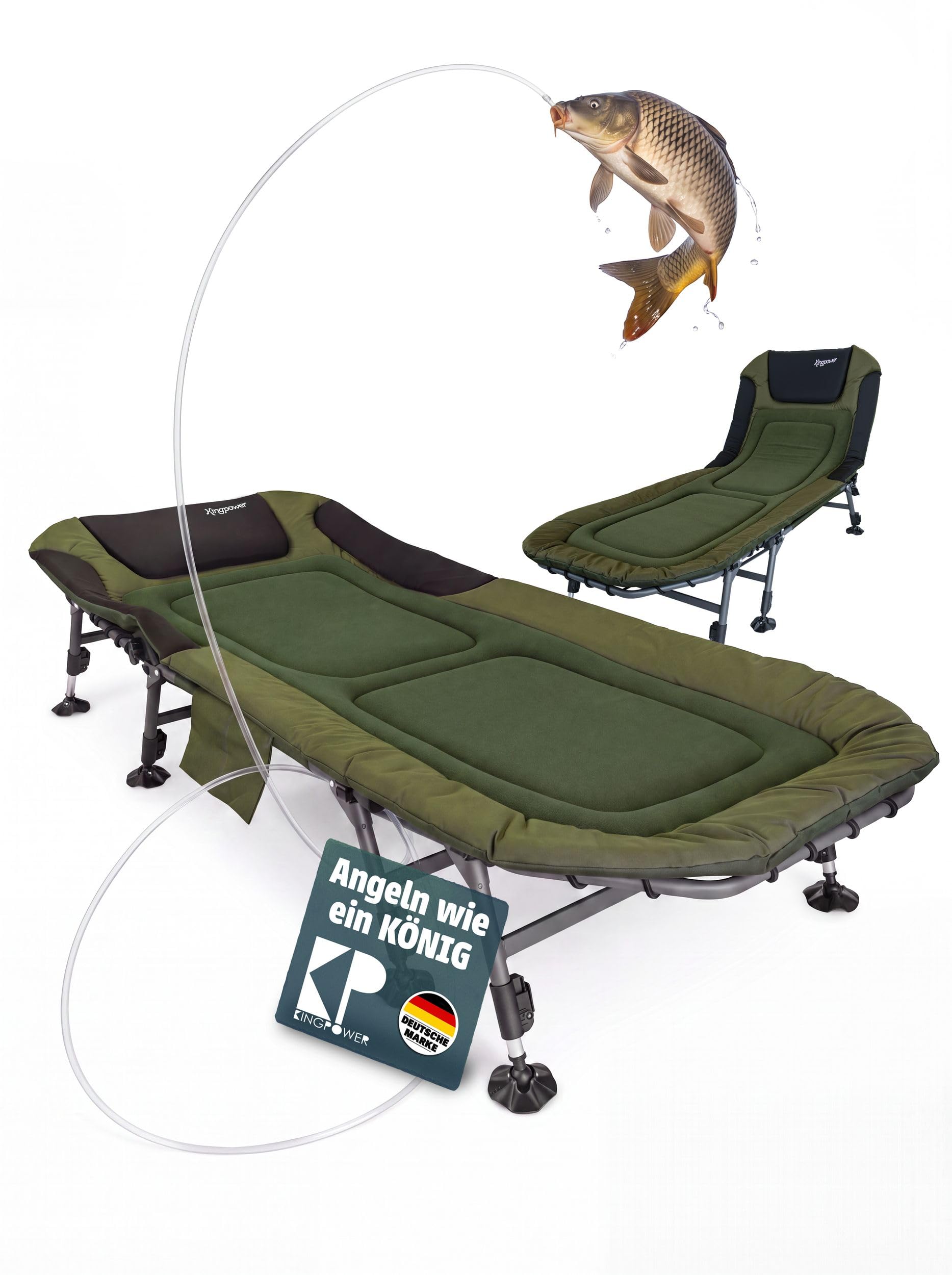 Kingpower Karpfenliege 8 Bein Angelliege Campingliege Bedchair Feldbett | Grün, stabil, bequem, Angeln, Fischen