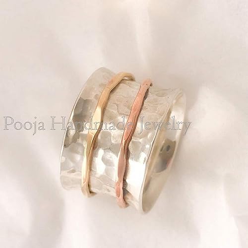 Miniatura 2 de Pooja Handmade Jewelry 925 Sterling Silver Ring, Wide Band Ring, Anxiety Spinner Ring, Spinner Ring For Women, Handmade Ring, Mix Metals Ring,