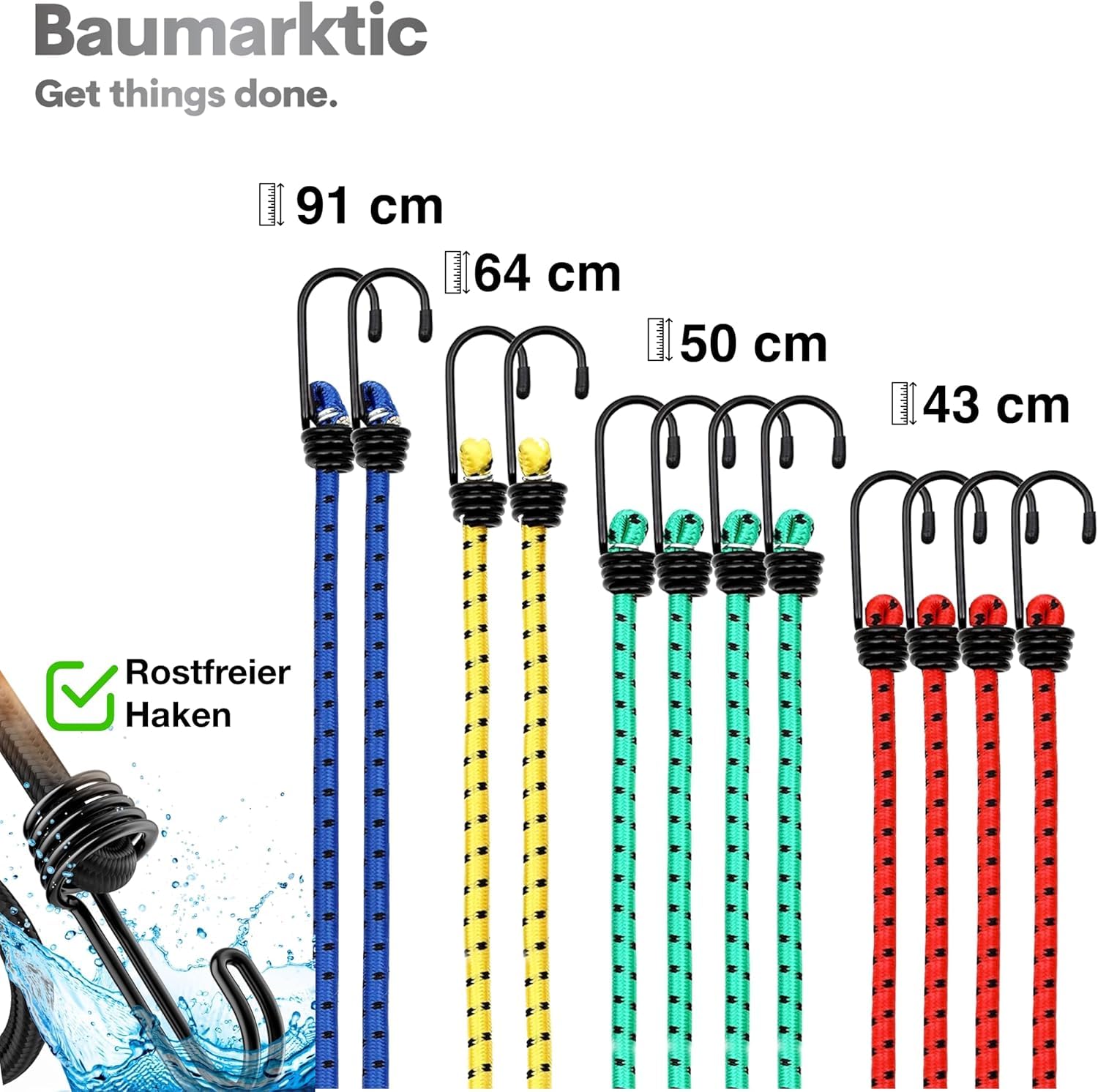 30x Expander - Cuerdas de goma en longitudes coloridas - para motocicleta, muebles, automóvil - gancho extra fuerte - tensor de equipaje