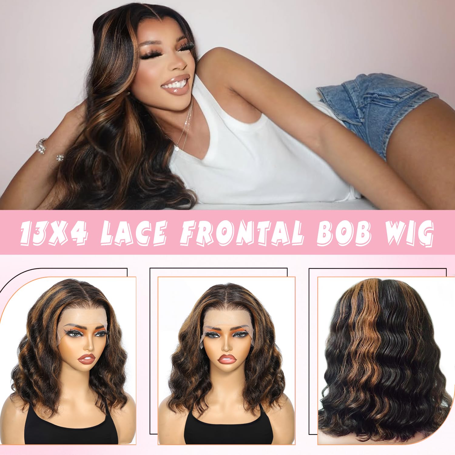 Short Human Hair Wigs for Black Women 180% Density Glueless Black Highlight Color