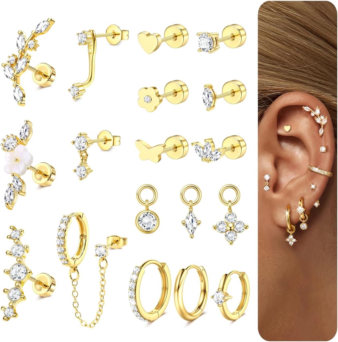 18 PCS Single Cartilage Studs Earrings Women Trendy 14k Gold Plated Flat Back Earings Stacks Dainty Small Pendant Dangle Huggie Hoops Earring Cubic Zirconia Flatback Stud Sets for Multiple Piercing