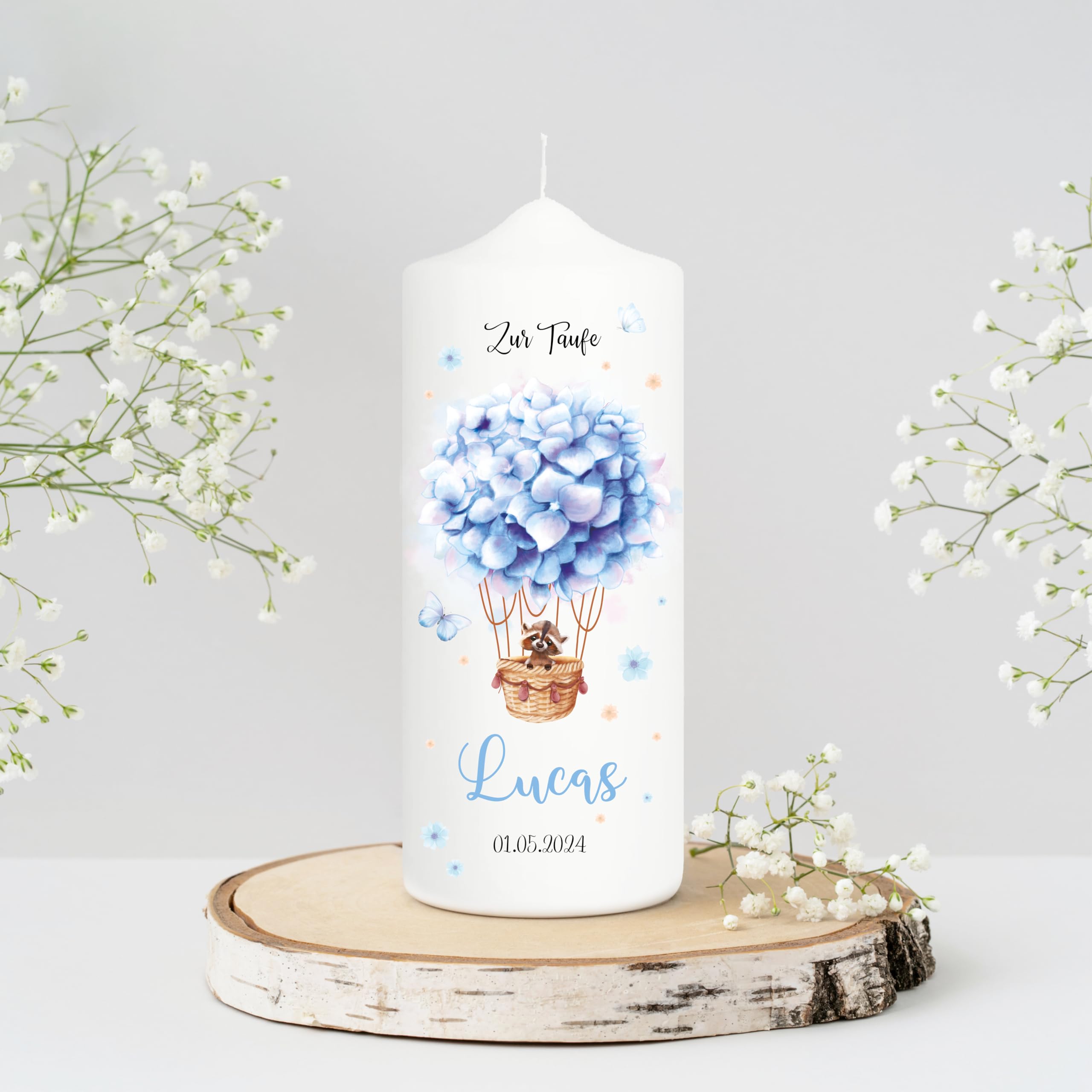 Wandtattoo Loft Taufkerze Jungen mit Taufspruch, Motiv Heißluftballon aus blauen Blumen, 25cm x 7cm, personalisierte Kerze, bedruckte Kerze zur Taufe, Stumpenkerze, Geburtskerze, Taufgeschenk