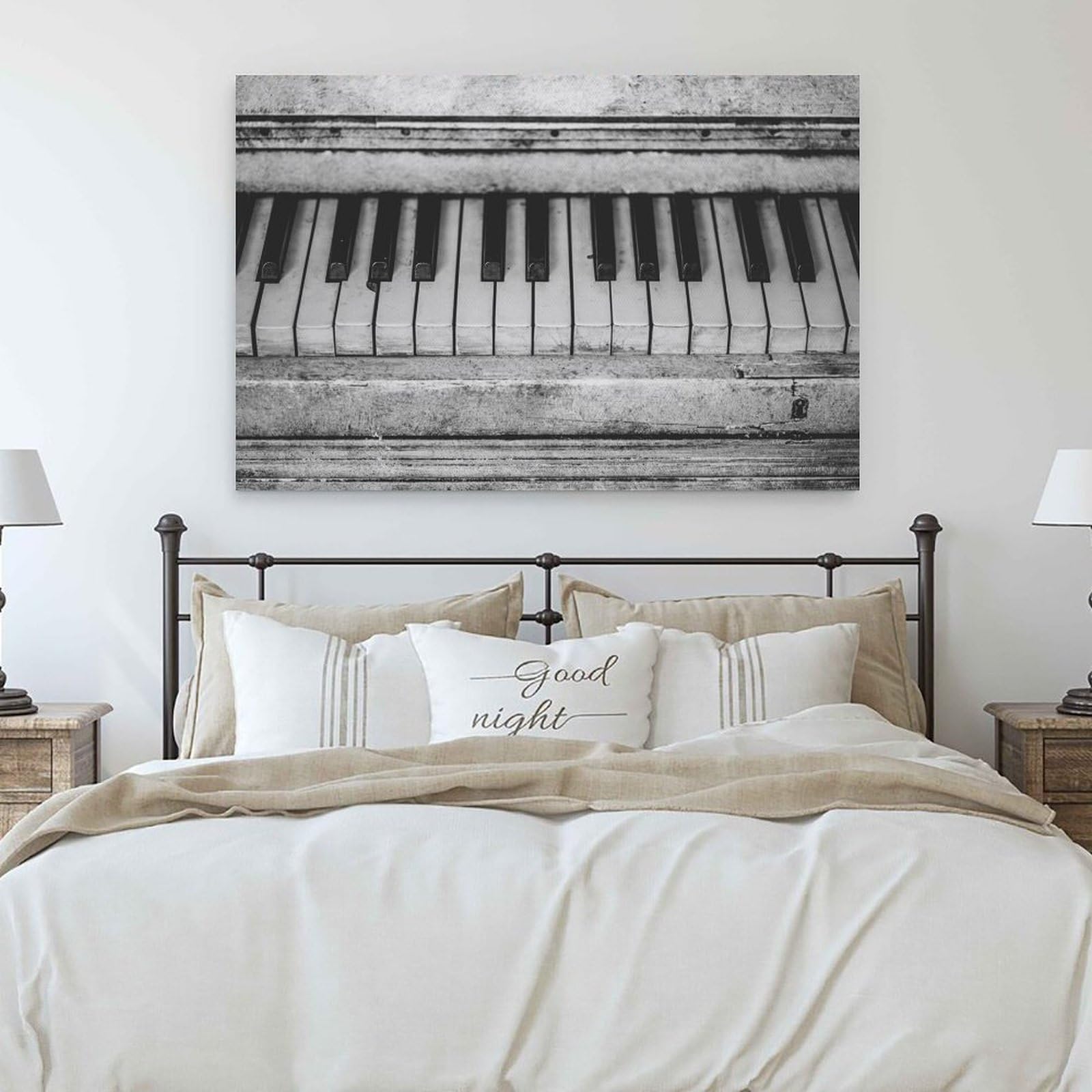 Póster retro de piano antiguo en blanco y negro con teclas en lienzo, decoración de pared, impresiones artísticas en obras de arte modernas para sala de estar, baño, dormitorio, hogar, 60 x 90 cm
