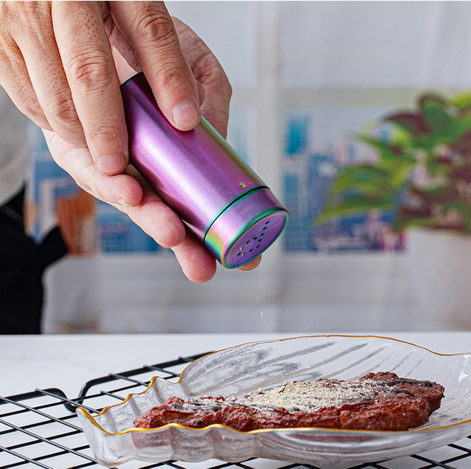 2-Pack Salt Pepper Shakers,3OZ Salt and Pepper Shaker,Stainless Steel Spice Jars Seasoning Dispenser for Salt Sugar Spice Pepper (Iridescent Blue, Large)