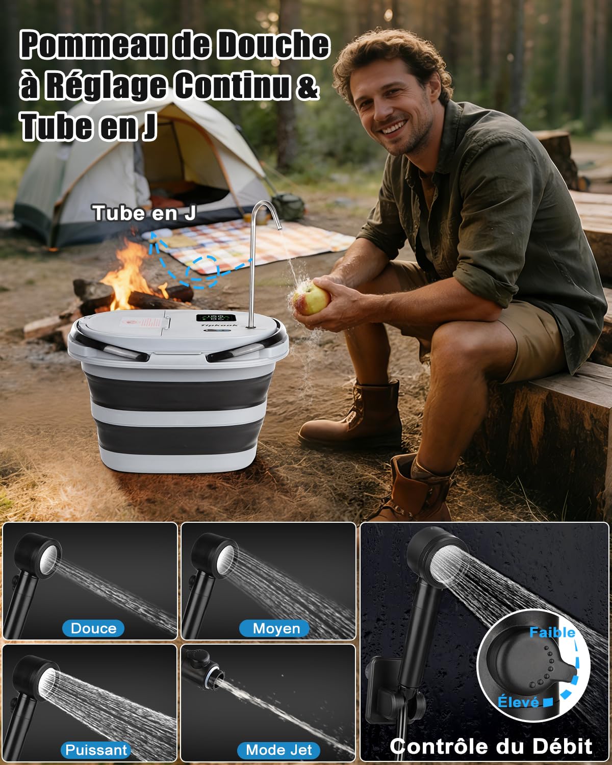 Douche de Camping, [IPX8-20L/13000mAh] Douche Portable,Pliable, écran LED,Longue Durée,5 Vitesses Réglables, Type-C, pour Fruits, Bain des Animaux Domestiques,Voyages,Camping,Gift